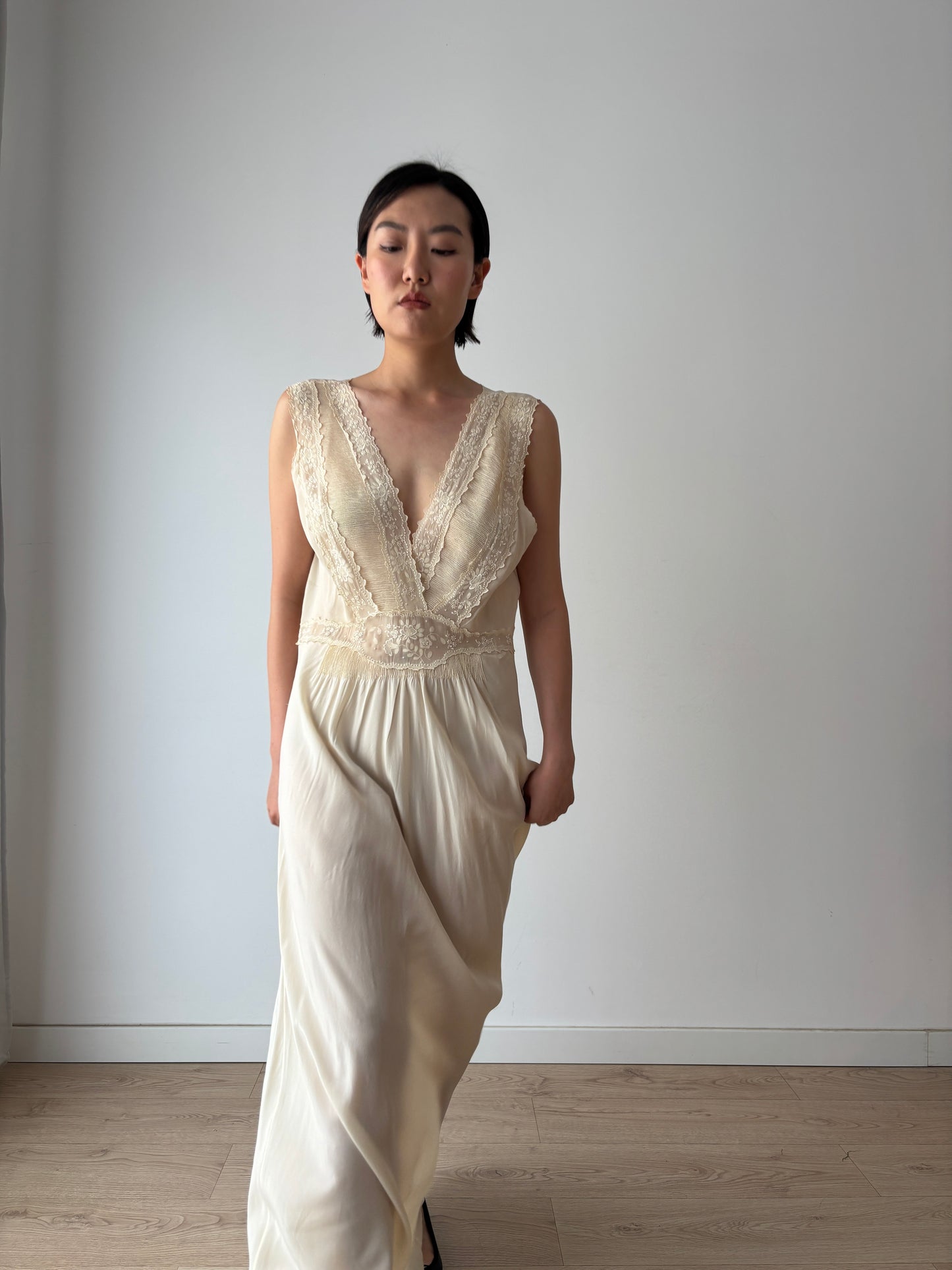 Rare 1930s pure silk bridal lace gown