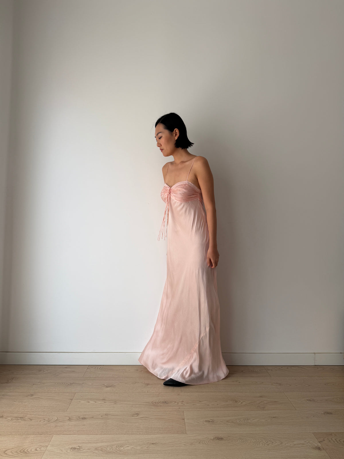 1940s Blush Pink Antique Lace Pure Silk Bias Cut Dress, Ruched Bust Tie Front, Romantic Rare Antique Gown