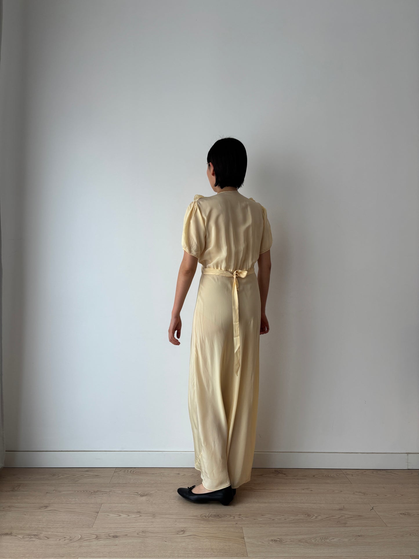 1940s Yellow Ruffled Silk Lace Embroidered Maxi Slip Dress, Bias Cut Bridal Lingerie