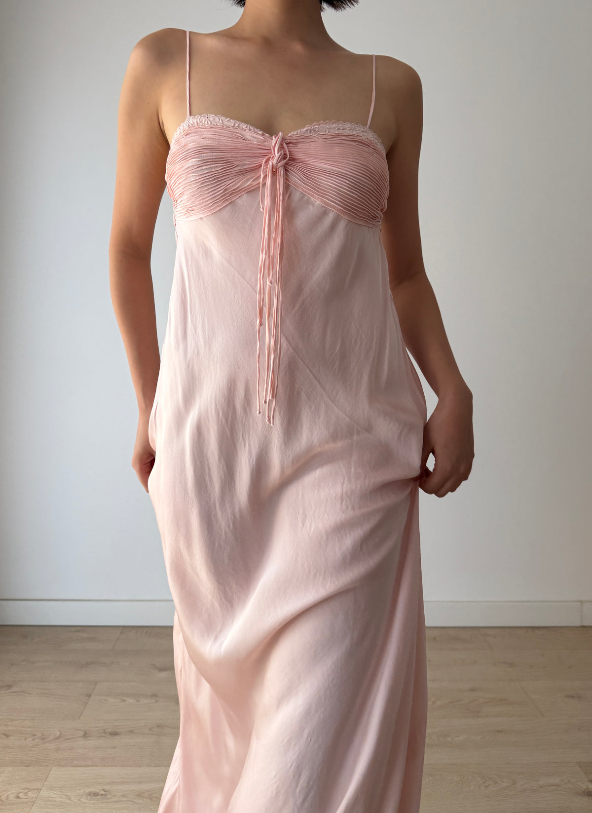 1940s Blush Pink Antique Lace Pure Silk Bias Cut Dress, Ruched Bust Tie Front, Romantic Rare Antique Gown