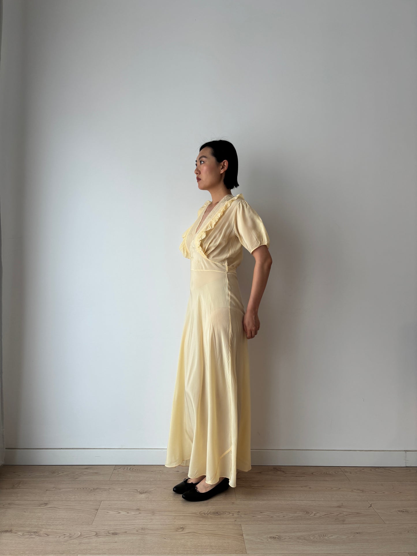 1940s Yellow Ruffled Silk Lace Embroidered Maxi Slip Dress, Bias Cut Bridal Lingerie
