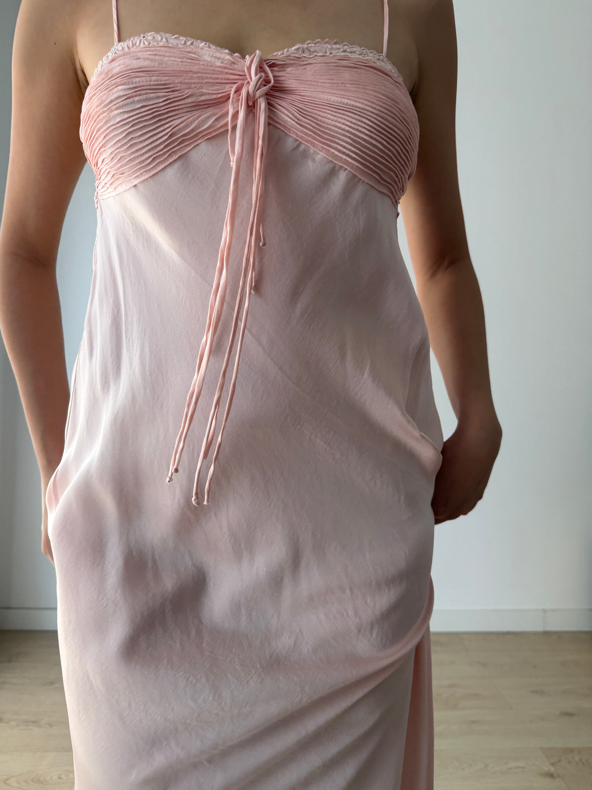 1940s Blush Pink Antique Lace Pure Silk Bias Cut Dress, Ruched Bust Tie Front, Romantic Rare Antique Gown