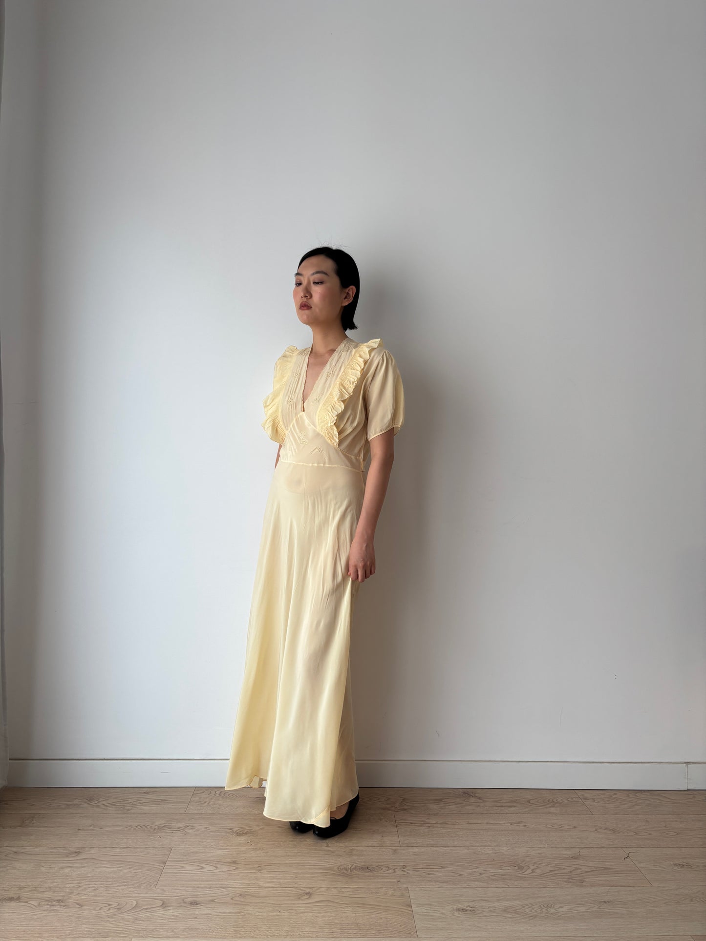 1940s Yellow Ruffled Silk Lace Embroidered Maxi Slip Dress, Bias Cut Bridal Lingerie