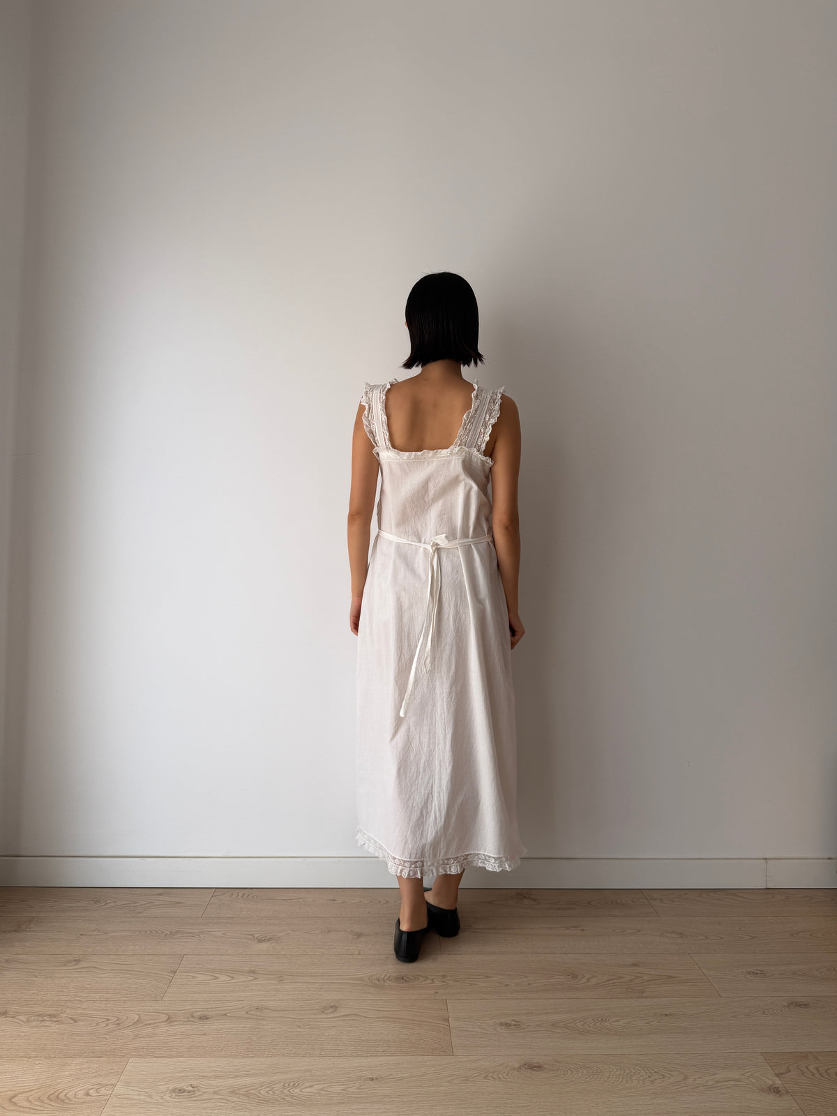 Vintage White Cotton Dress, French Lace & Pink Floral Embroidery, Square Neck Ruffle Straps, Romantic Antique Bridal Gown
