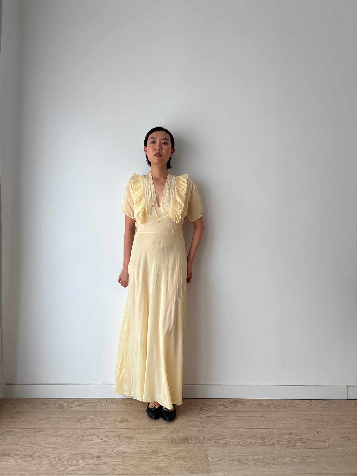 1940s Yellow Ruffled Silk Lace Embroidered Maxi Slip Dress, Bias Cut Bridal Lingerie