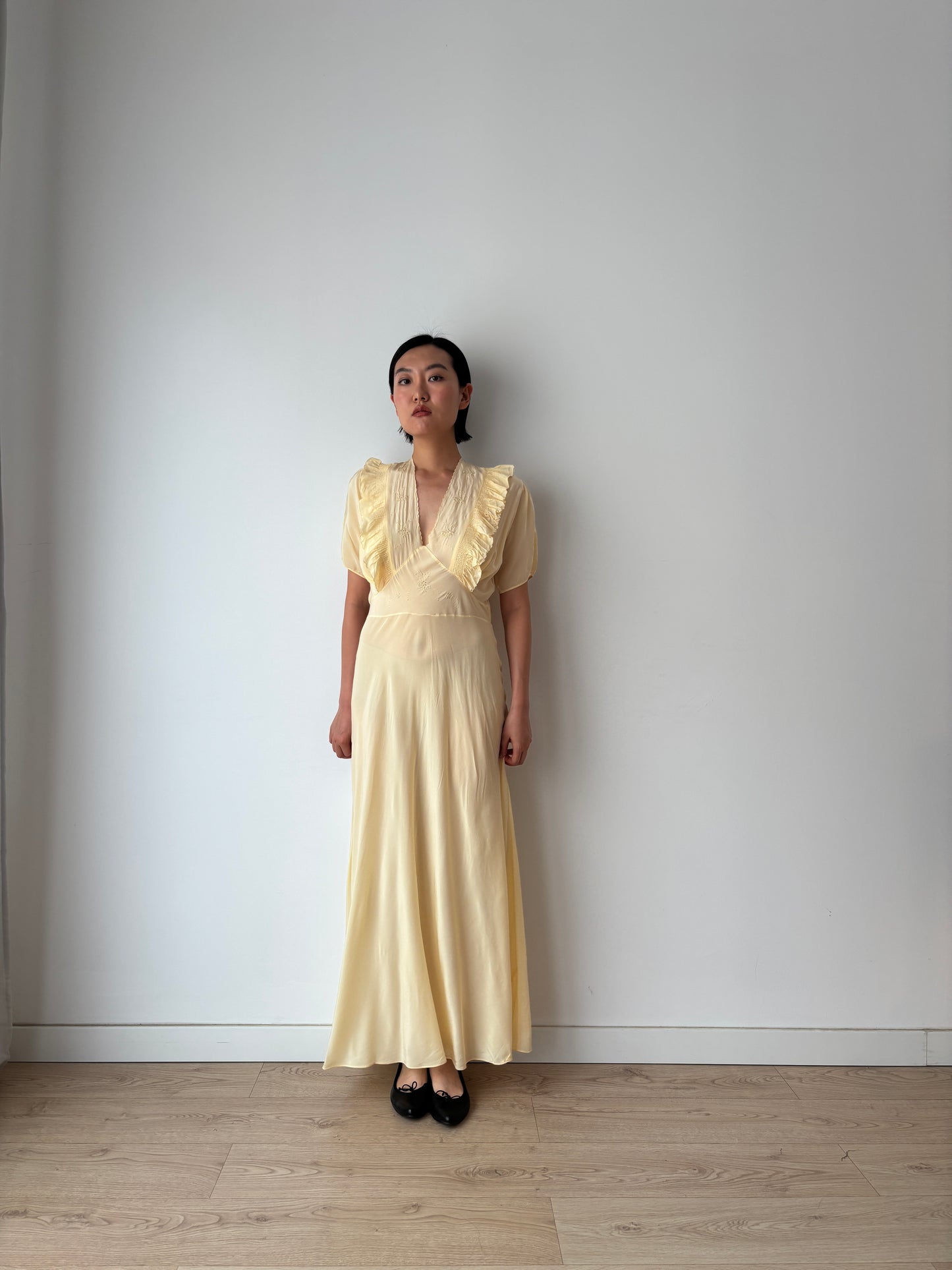 1940s Yellow Ruffled Silk Lace Embroidered Maxi Slip Dress, Bias Cut Bridal Lingerie