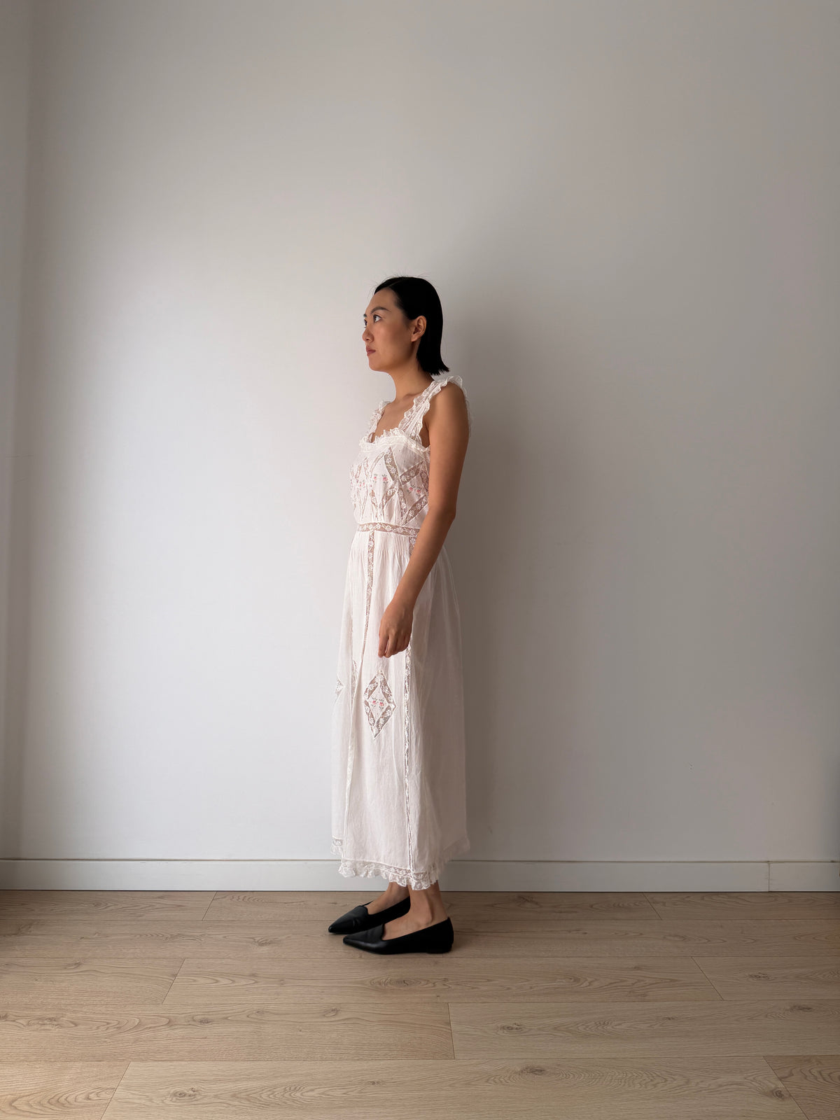 Vintage White Cotton Dress, French Lace & Pink Floral Embroidery, Square Neck Ruffle Straps, Romantic Antique Bridal Gown