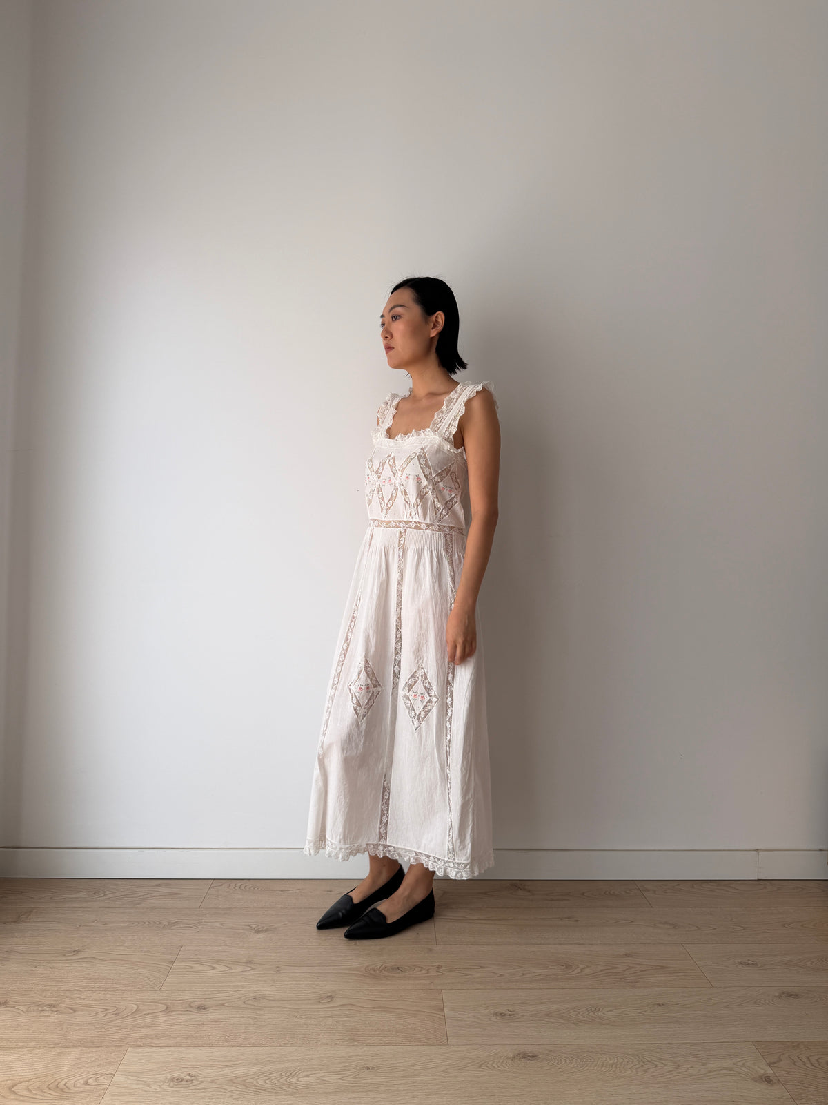 Vintage White Cotton Dress, French Lace & Pink Floral Embroidery, Square Neck Ruffle Straps, Romantic Antique Bridal Gown