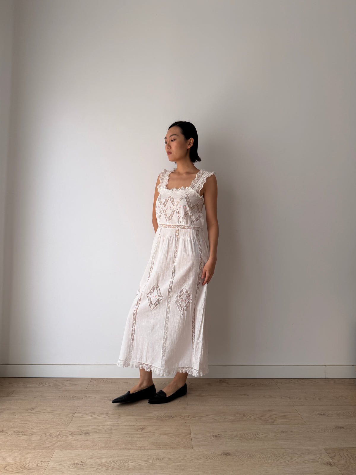 Vintage White Cotton Dress, French Lace & Pink Floral Embroidery, Square Neck Ruffle Straps, Romantic Antique Bridal Gown