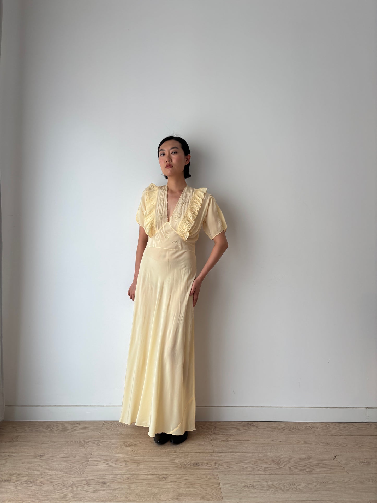 1940s Yellow Ruffled Silk Lace Embroidered Maxi Slip Dress, Bias Cut Bridal Lingerie