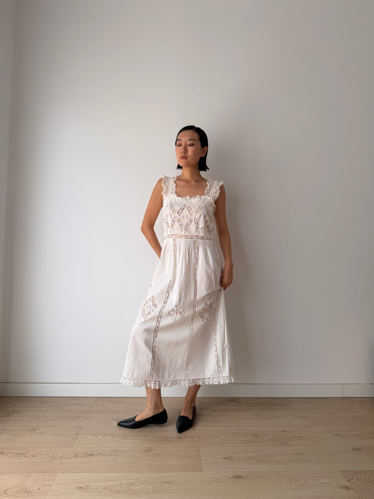 Vintage White Cotton Dress, French Lace & Pink Floral Embroidery, Square Neck Ruffle Straps, Romantic Antique Bridal Gown