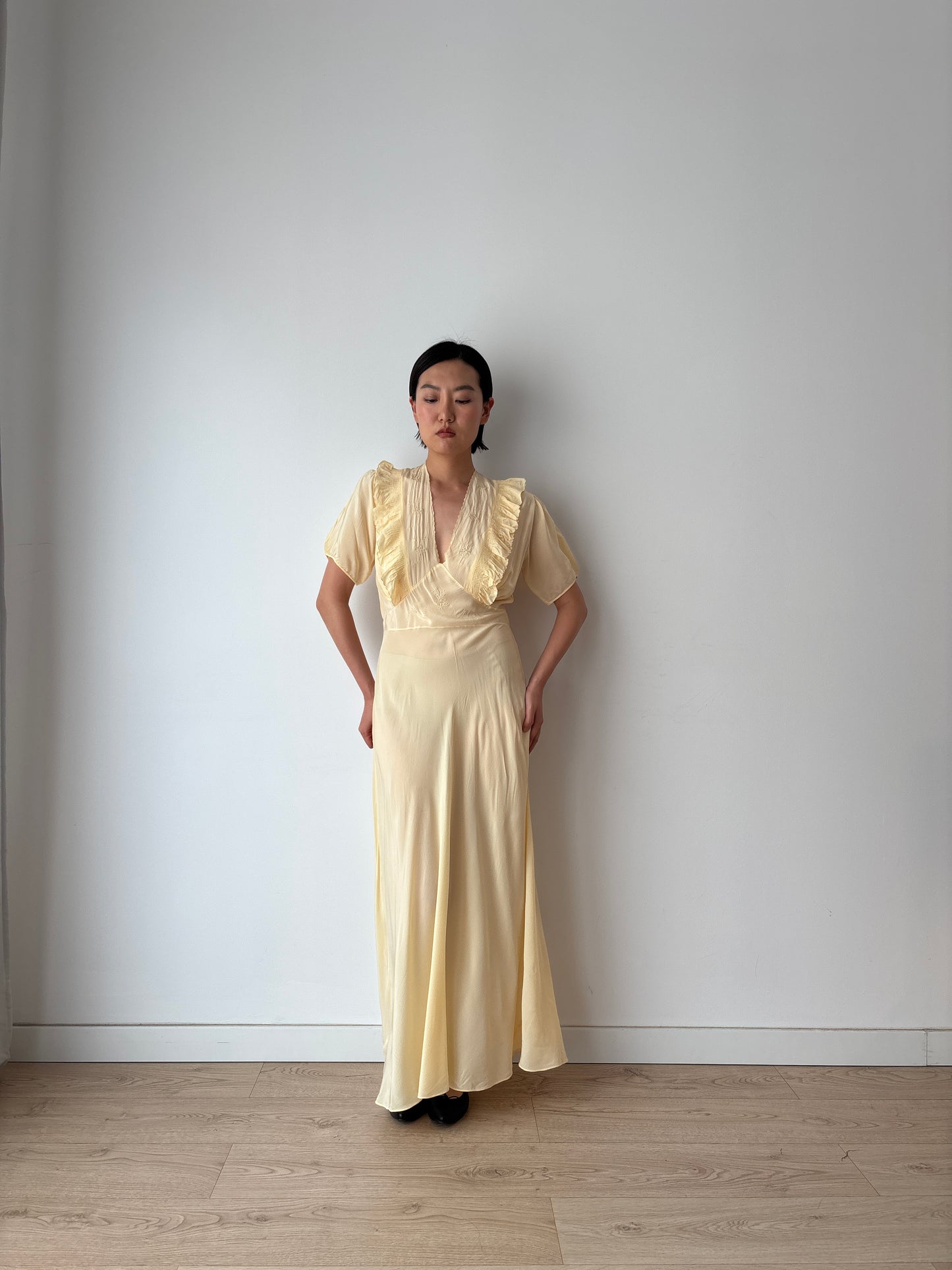 1940s Yellow Ruffled Silk Lace Embroidered Maxi Slip Dress, Bias Cut Bridal Lingerie
