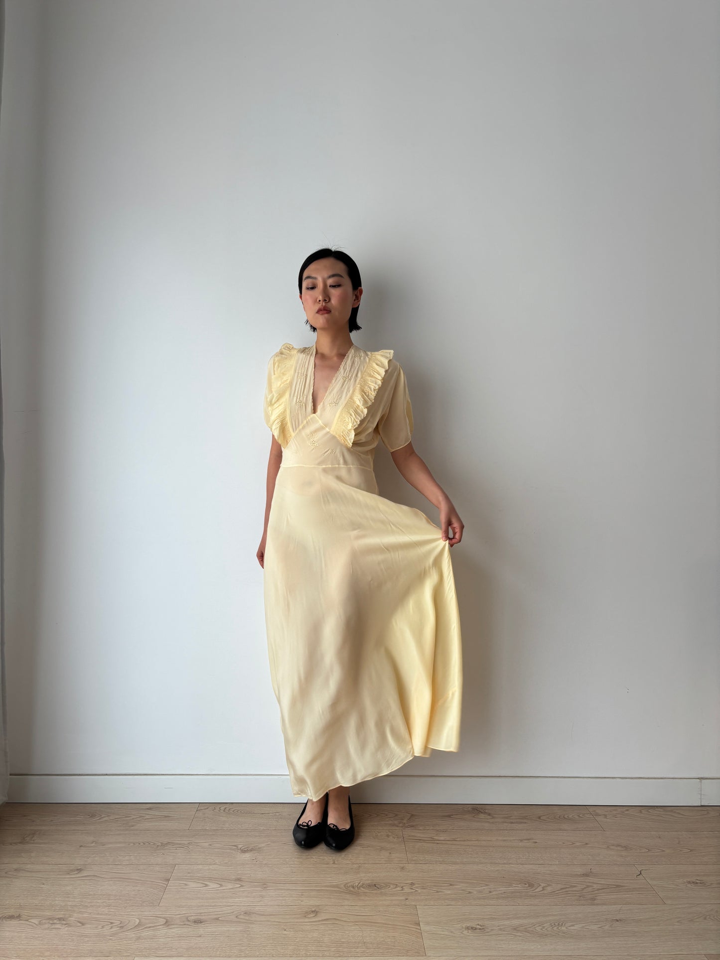1940s Yellow Ruffled Silk Lace Embroidered Maxi Slip Dress, Bias Cut Bridal Lingerie