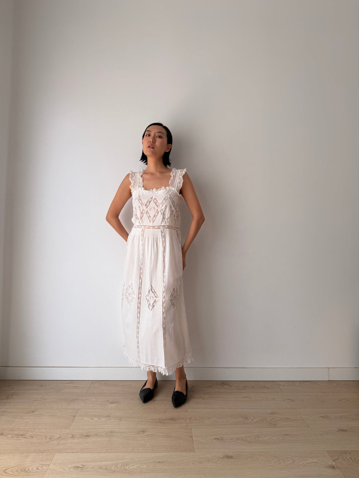 Vintage White Cotton Dress, French Lace & Pink Floral Embroidery, Square Neck Ruffle Straps, Romantic Antique Bridal Gown