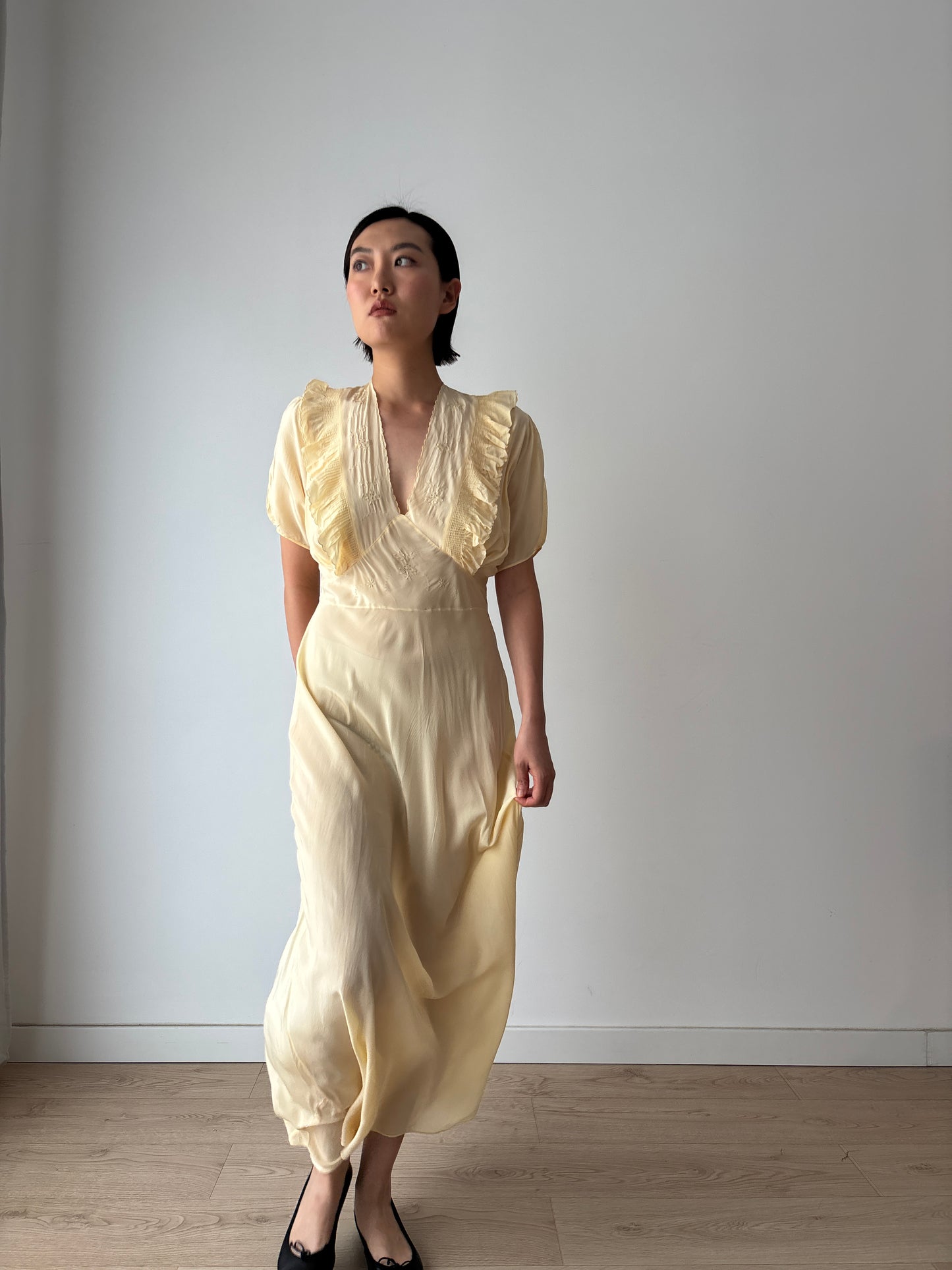 1940s Yellow Ruffled Silk Lace Embroidered Maxi Slip Dress, Bias Cut Bridal Lingerie