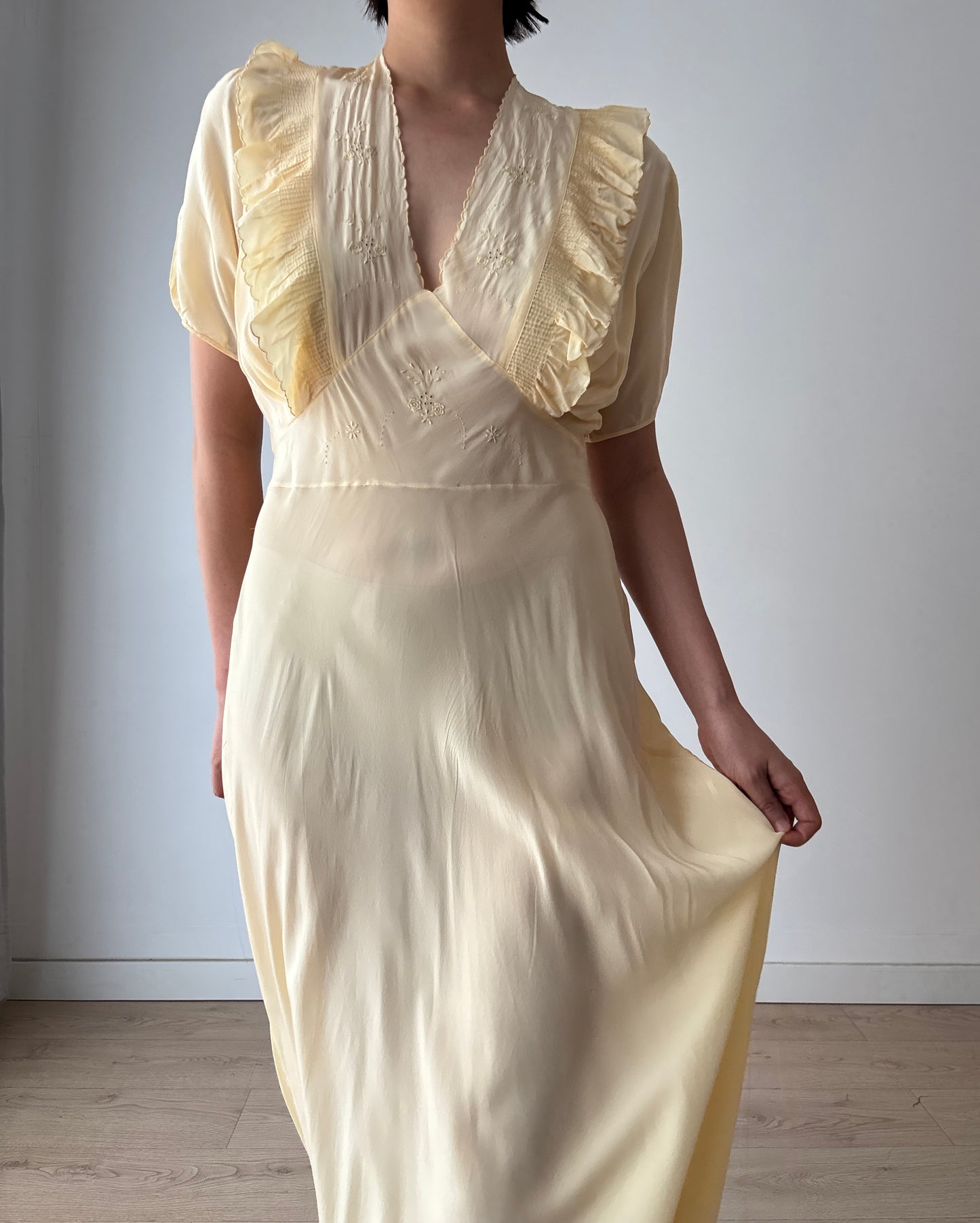 1940s Yellow Ruffled Silk Lace Embroidered Maxi Slip Dress, Bias Cut Bridal Lingerie