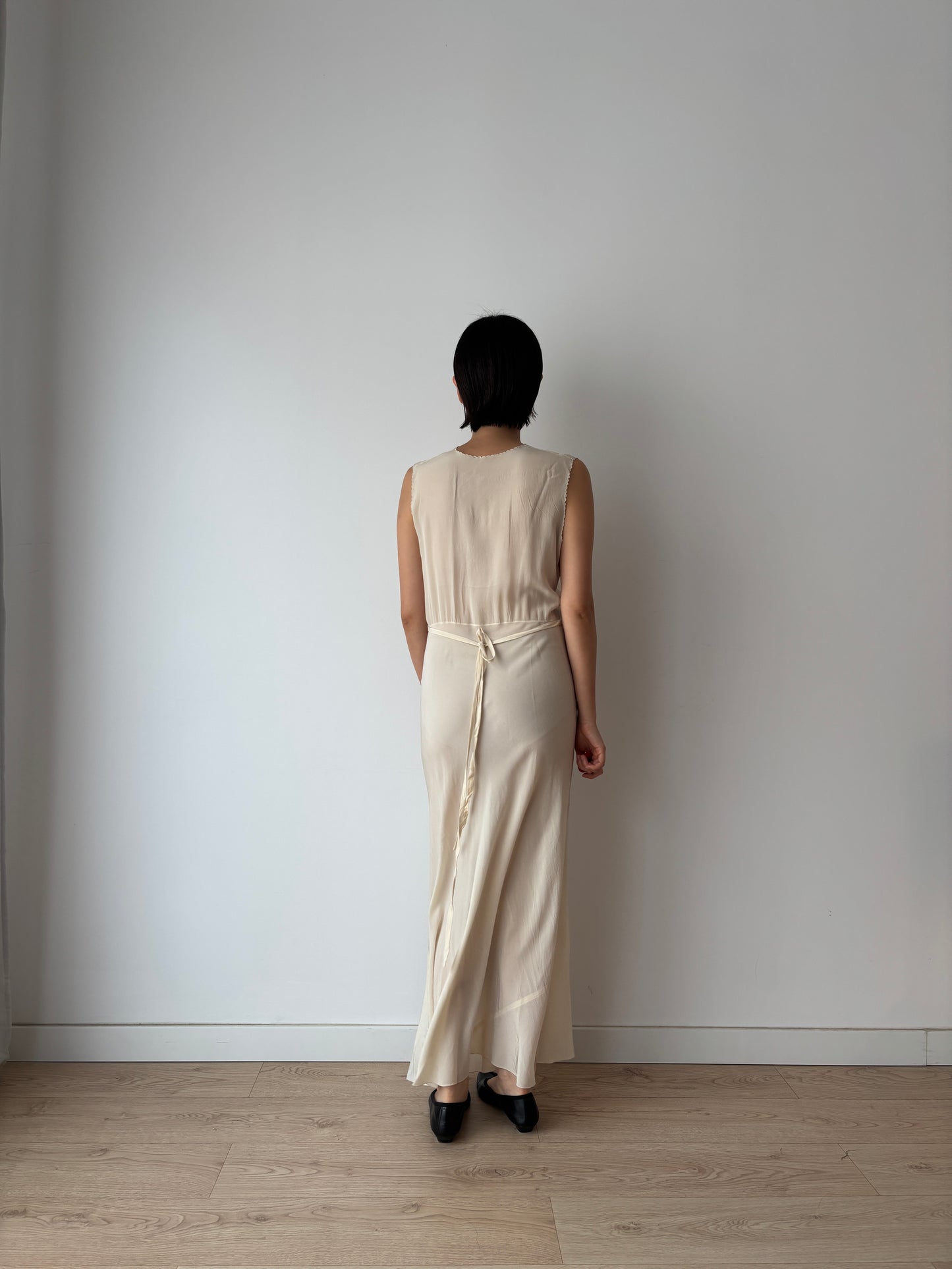 1930s Ivory Silk Chiffon Lace Floral Embroidery Bias Cut Bridal Gown