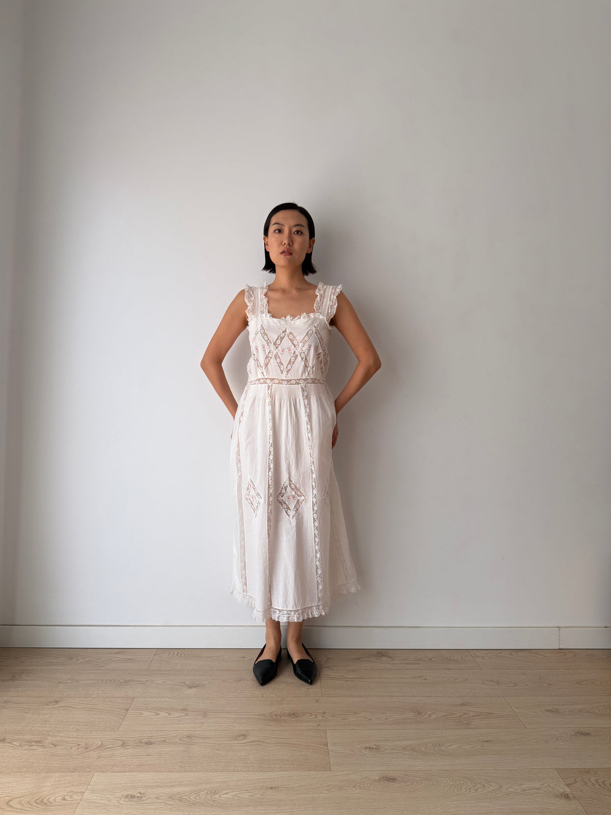 Vintage White Cotton Dress, French Lace & Pink Floral Embroidery, Square Neck Ruffle Straps, Romantic Antique Bridal Gown
