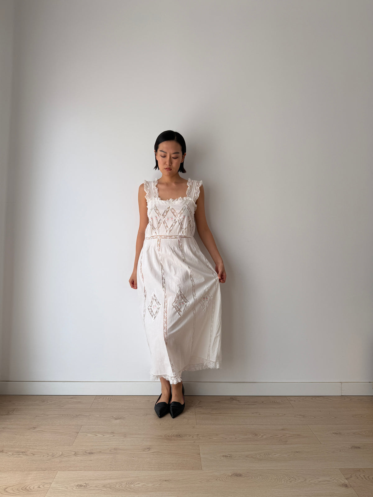 Vintage White Cotton Dress, French Lace & Pink Floral Embroidery, Square Neck Ruffle Straps, Romantic Antique Bridal Gown