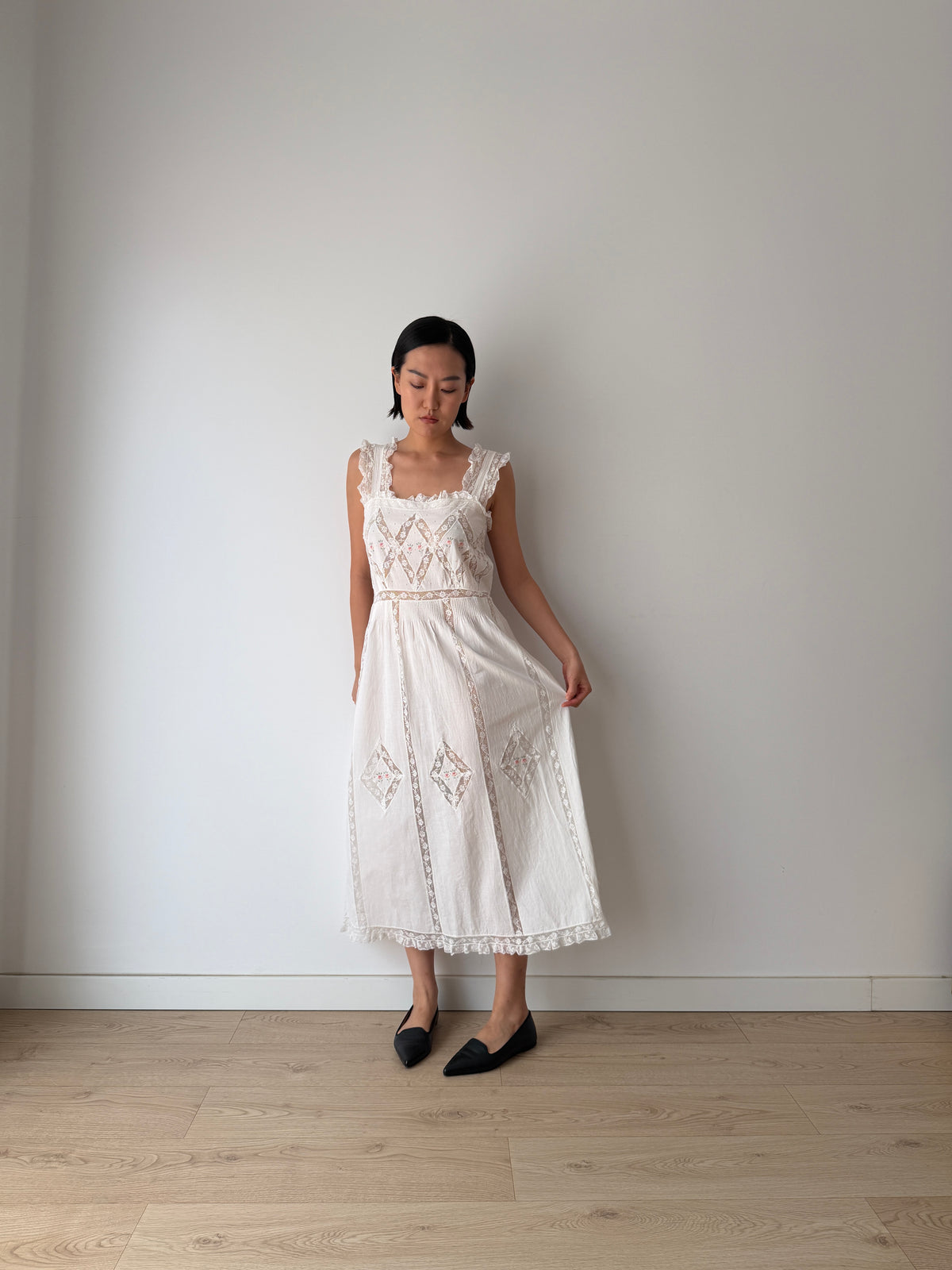 Vintage White Cotton Dress, French Lace & Pink Floral Embroidery, Square Neck Ruffle Straps, Romantic Antique Bridal Gown