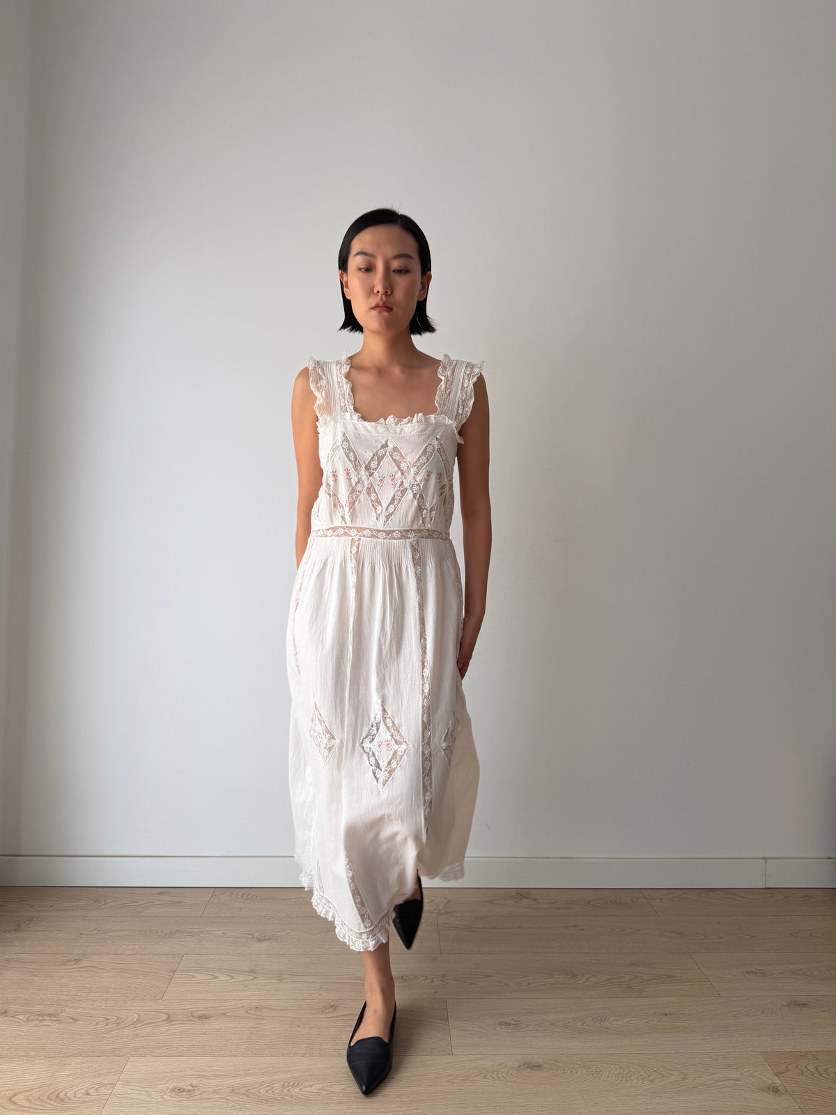 Vintage White Cotton Dress, French Lace & Pink Floral Embroidery, Square Neck Ruffle Straps, Romantic Antique Bridal Gown