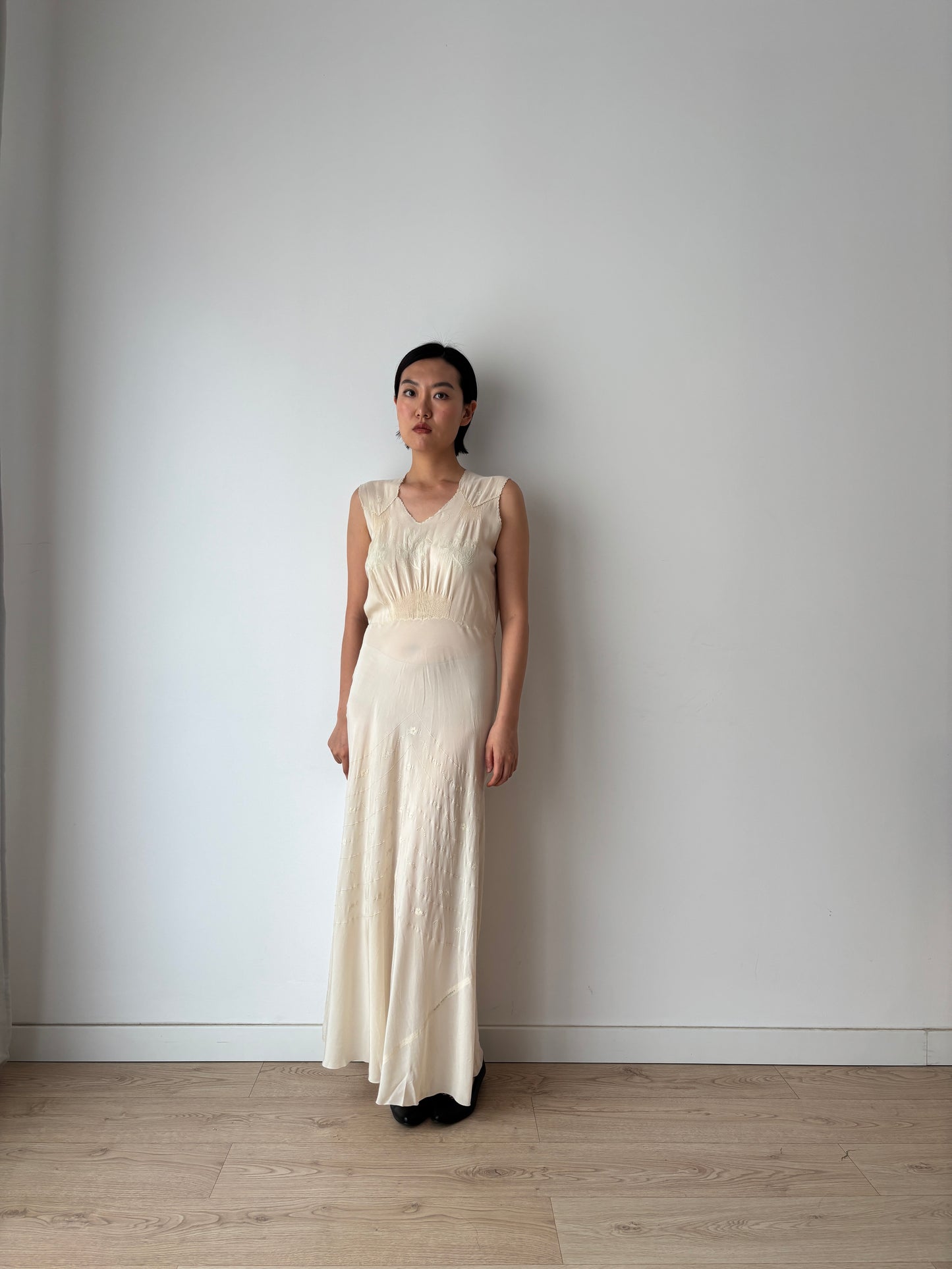 1930s Ivory Silk Chiffon Lace Floral Embroidery Bias Cut Bridal Gown