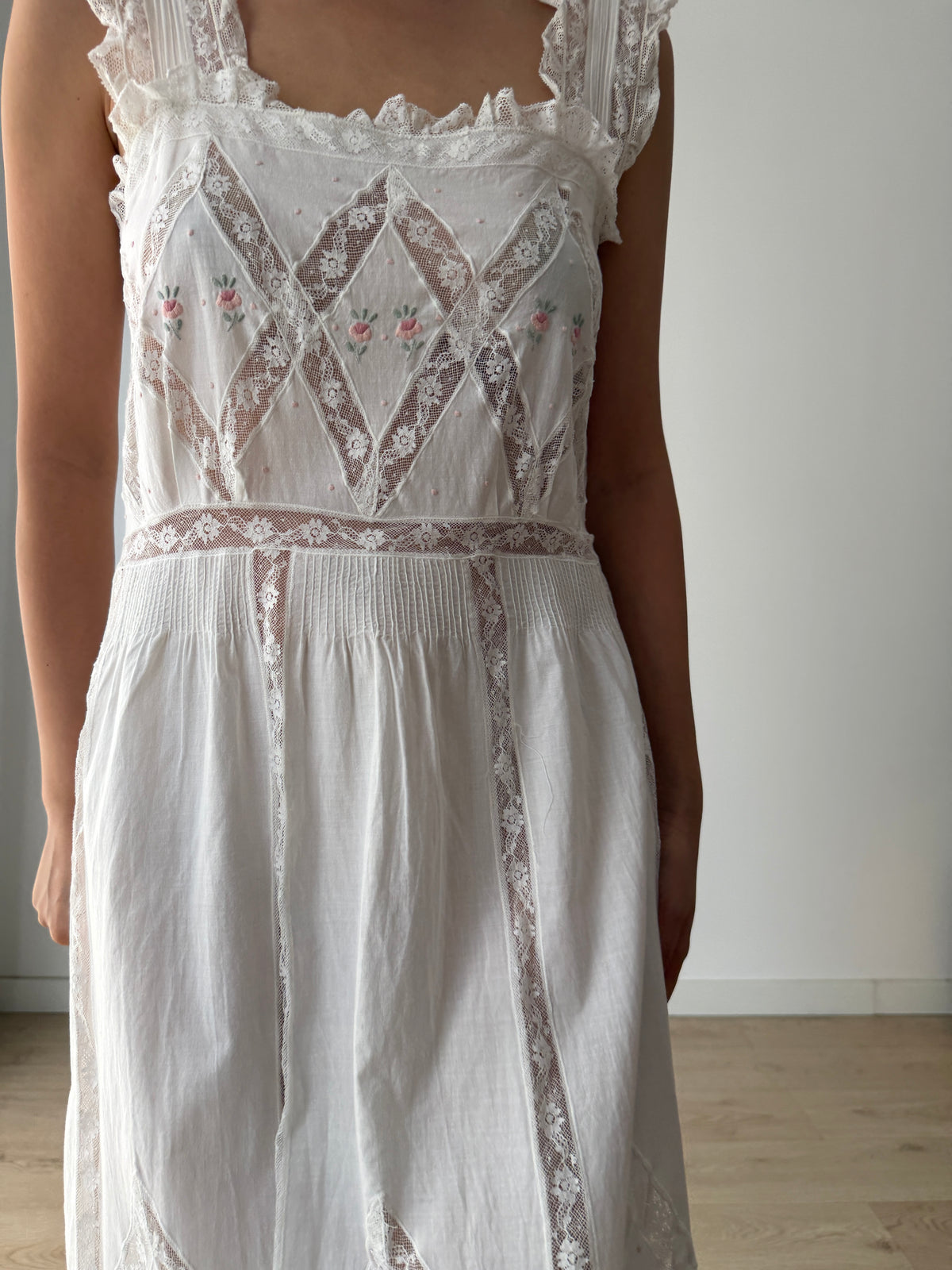 Vintage White Cotton Dress, French Lace & Pink Floral Embroidery, Square Neck Ruffle Straps, Romantic Antique Bridal Gown