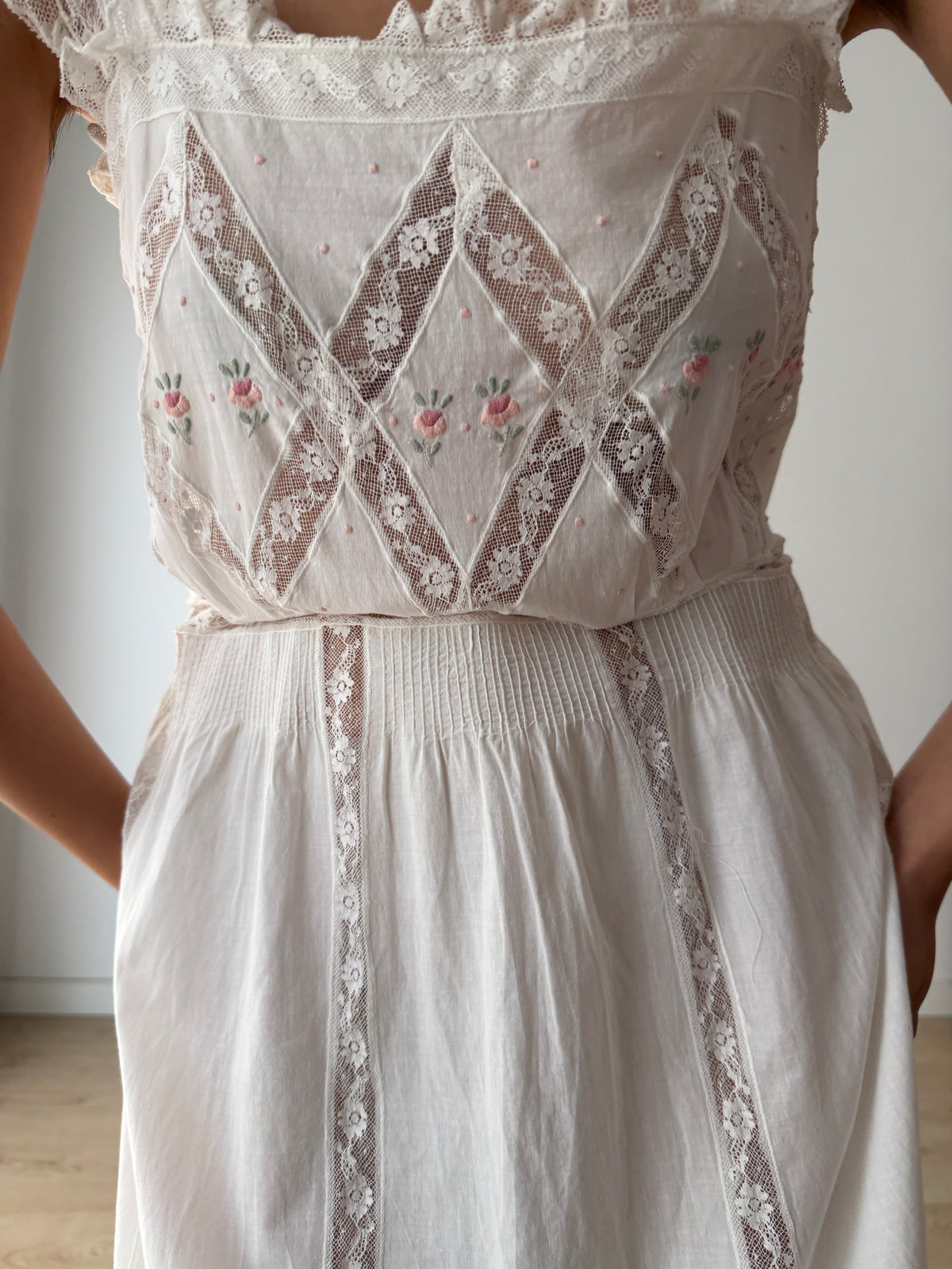 Vintage White Cotton Dress, French Lace & Pink Floral Embroidery, Square Neck Ruffle Straps, Romantic Antique Bridal Gown