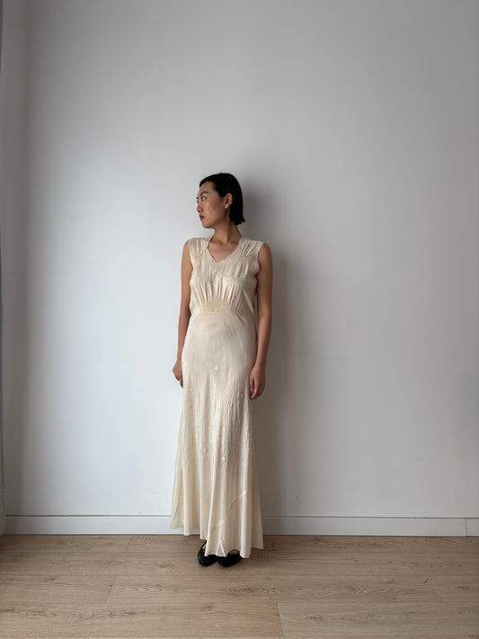 1930s Ivory Silk Chiffon Lace Floral Embroidery Bias Cut Bridal Gown