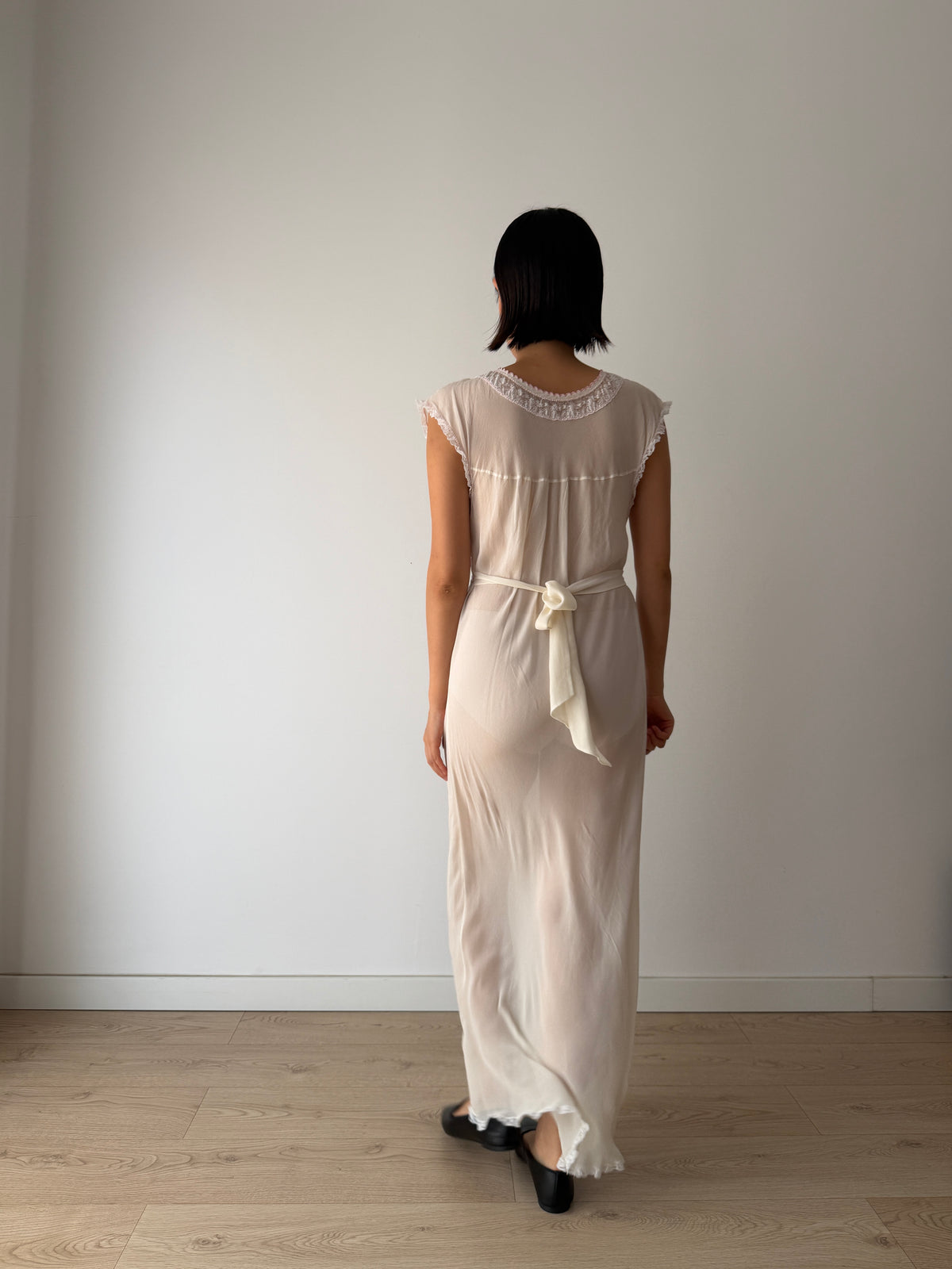 1940s Bridal Sheer Pure Silk Dress, Ivory Lace & Floral Embroidery Gown