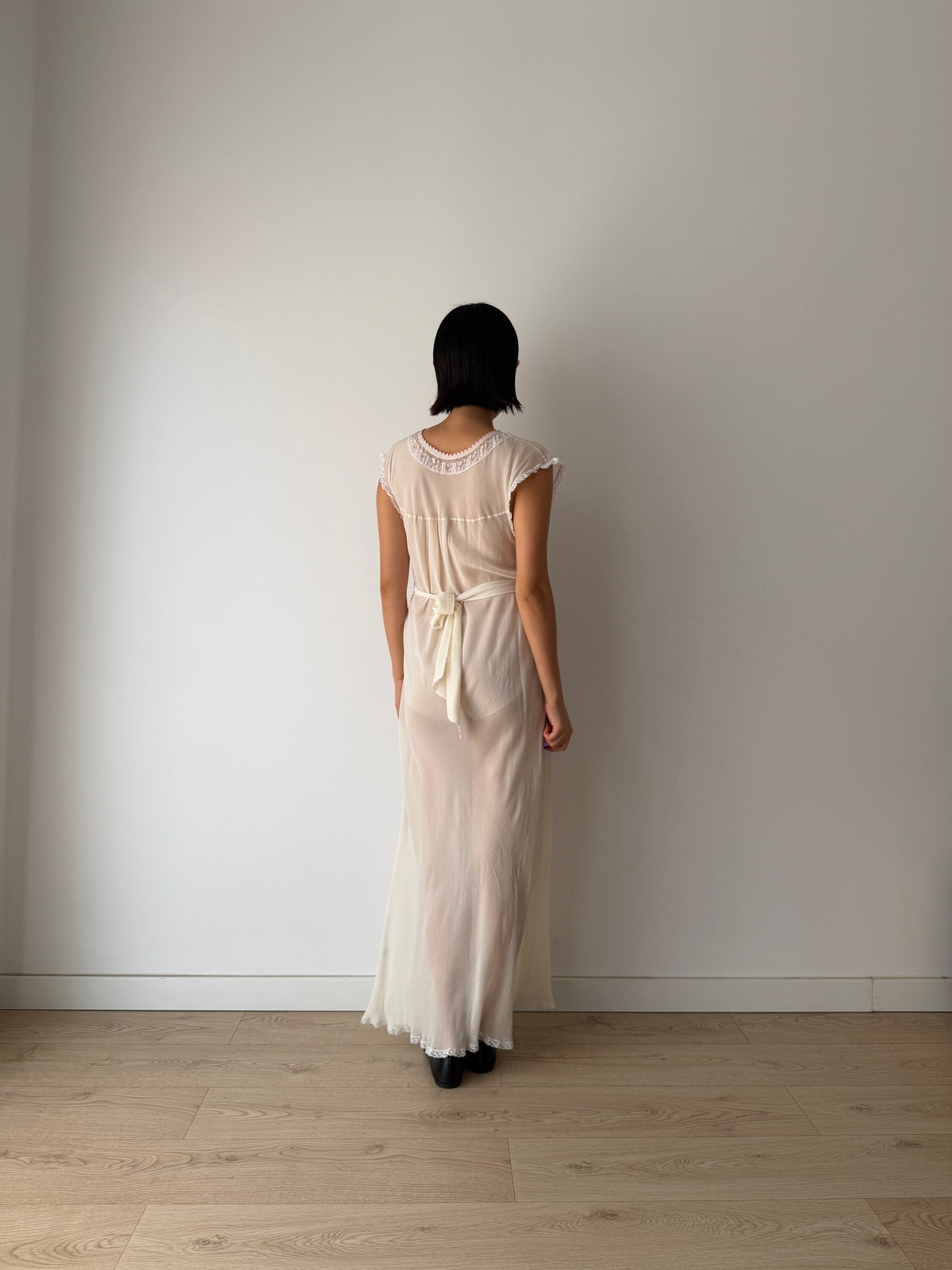1940s Bridal Sheer Pure Silk Dress, Ivory Lace & Floral Embroidery Gown