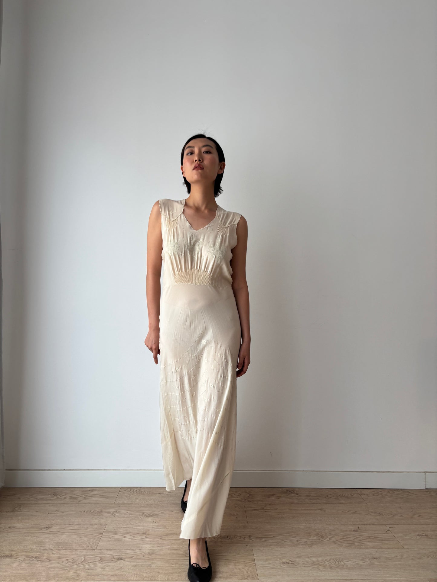 1930s Ivory Silk Chiffon Lace Floral Embroidery Bias Cut Bridal Gown