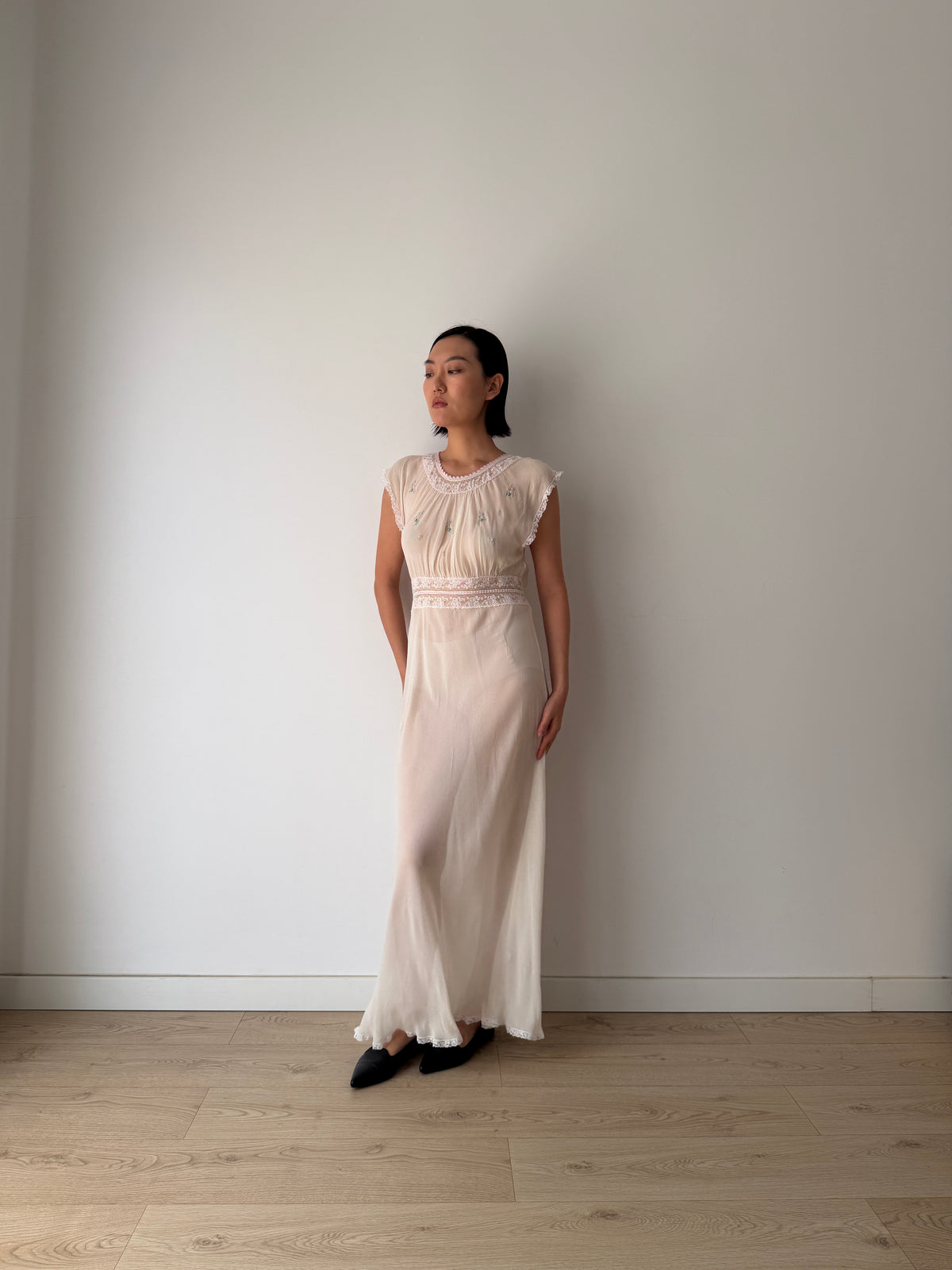 1940s Bridal Sheer Pure Silk Dress, Ivory Lace & Floral Embroidery Gown