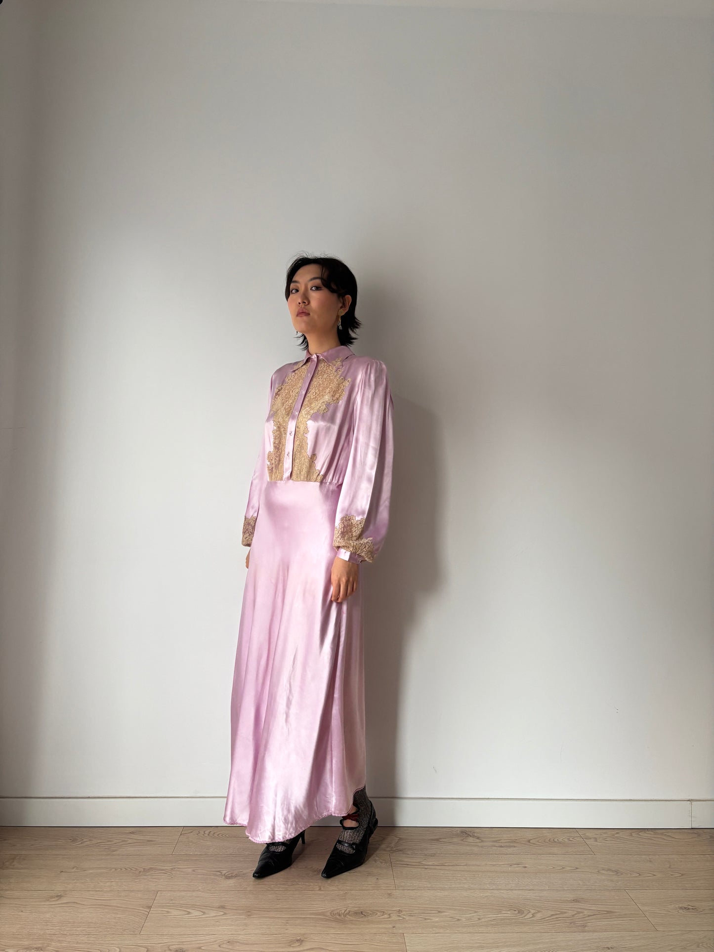 1940s Paris Made Silk Satin Dress in Purple: Bias Cut with French Lace Appliqué