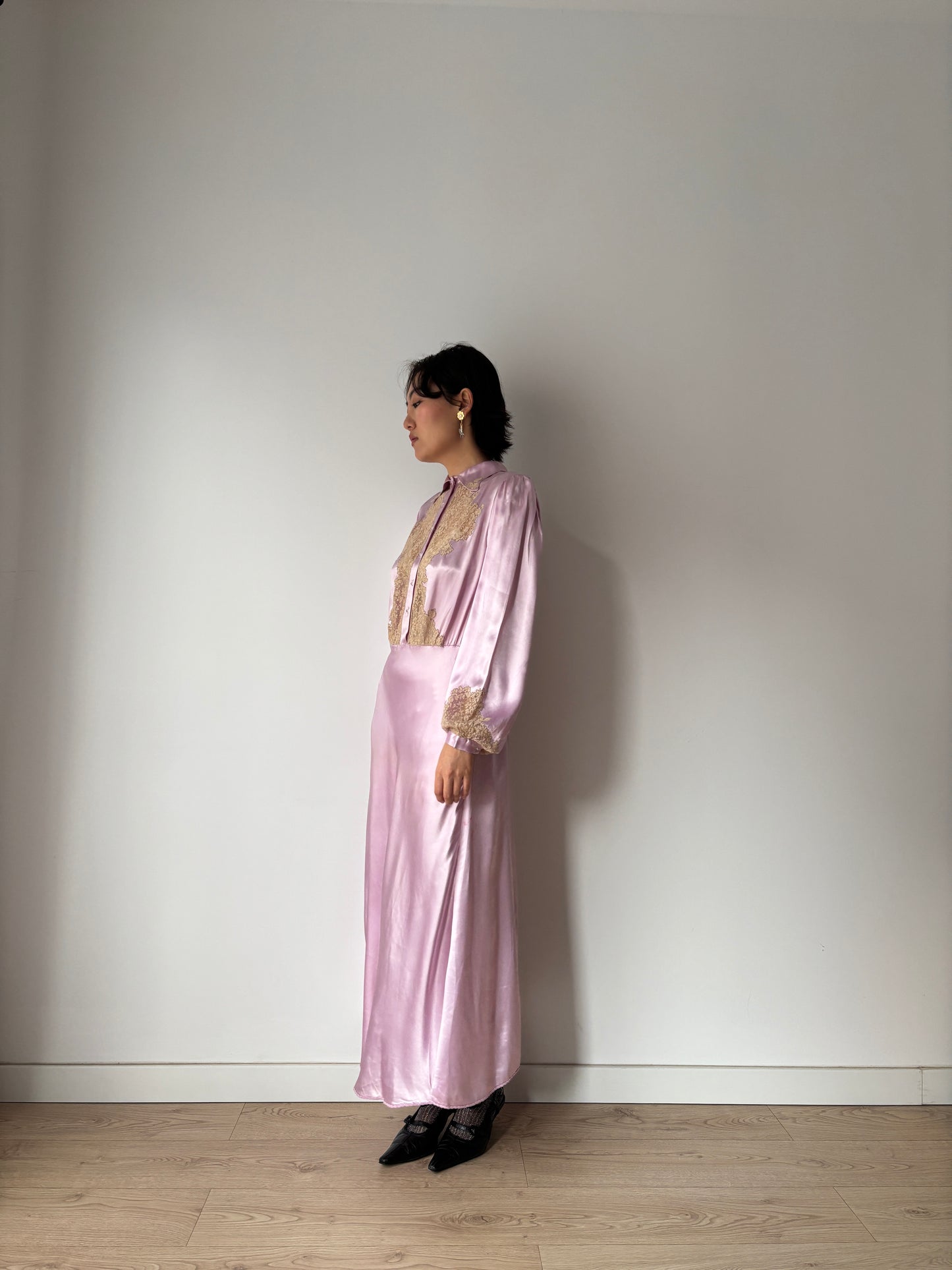 1940s Paris Made Silk Satin Dress in Purple: Bias Cut with French Lace Appliqué