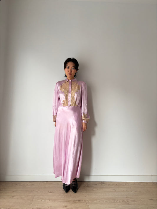 1940s Paris Made Silk Satin Dress in Purple: Bias Cut with French Lace Appliqué