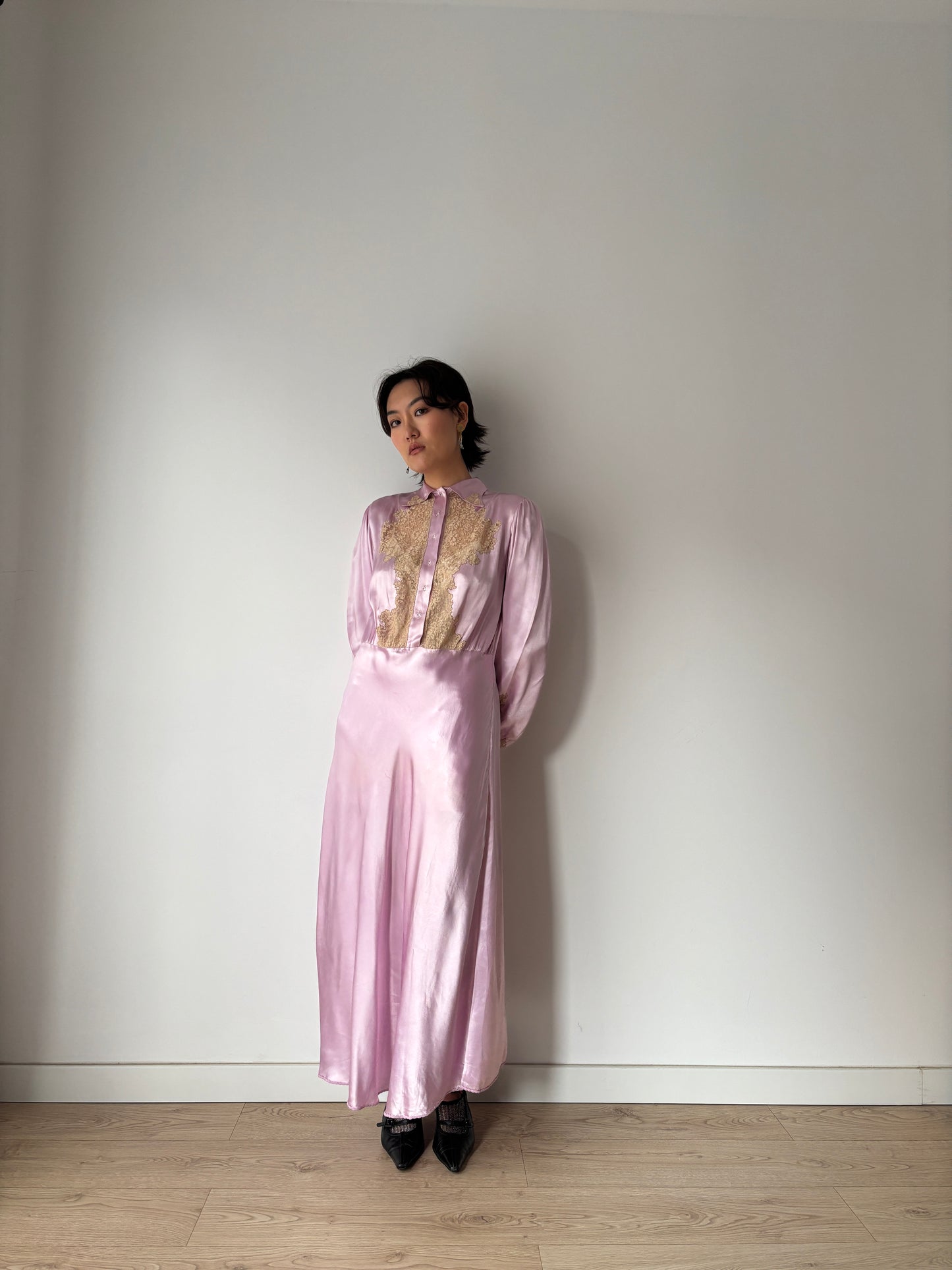 1940s Paris Made Silk Satin Dress in Purple: Bias Cut with French Lace Appliqué