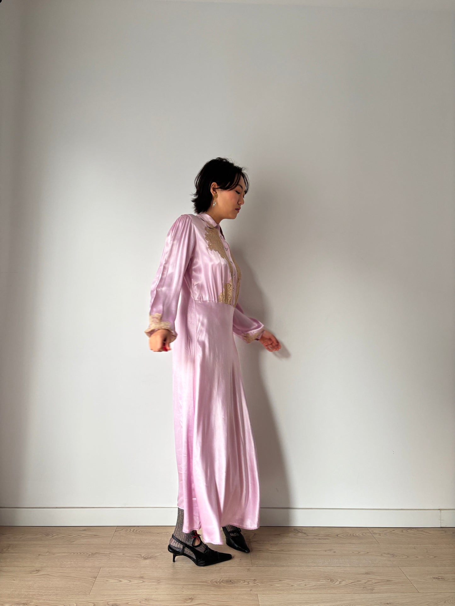 1940s Paris Made Silk Satin Dress in Purple: Bias Cut with French Lace Appliqué