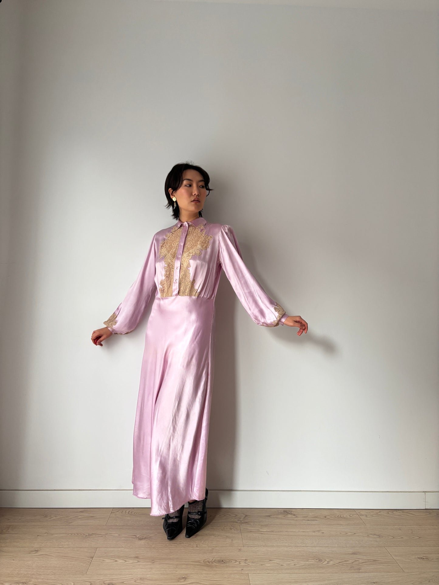 1940s Paris Made Silk Satin Dress in Purple: Bias Cut with French Lace Appliqué