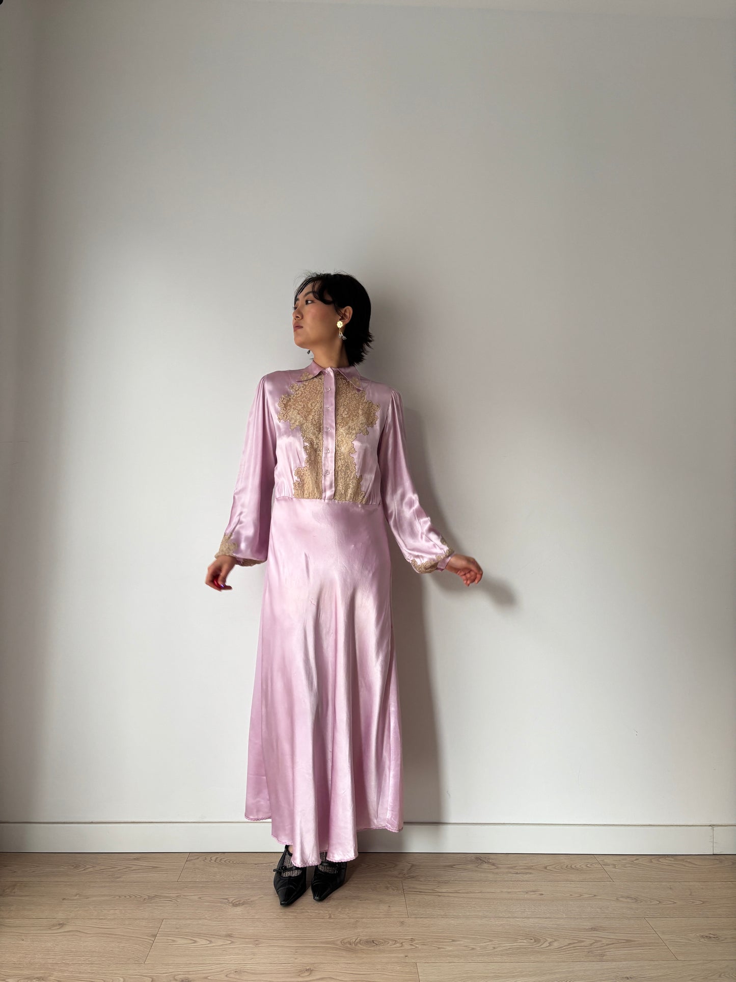 1940s Paris Made Silk Satin Dress in Purple: Bias Cut with French Lace Appliqué