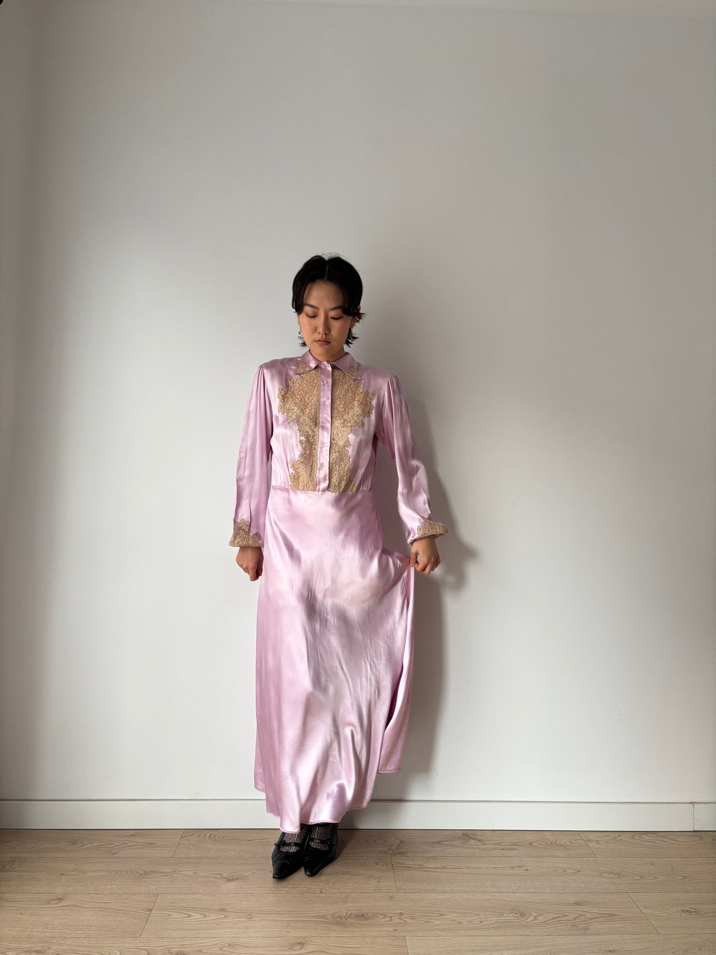 1940s Paris Made Silk Satin Dress in Purple: Bias Cut with French Lace Appliqué