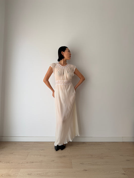1940s Bridal Sheer Pure Silk Dress, Ivory Lace & Floral Embroidery Gown