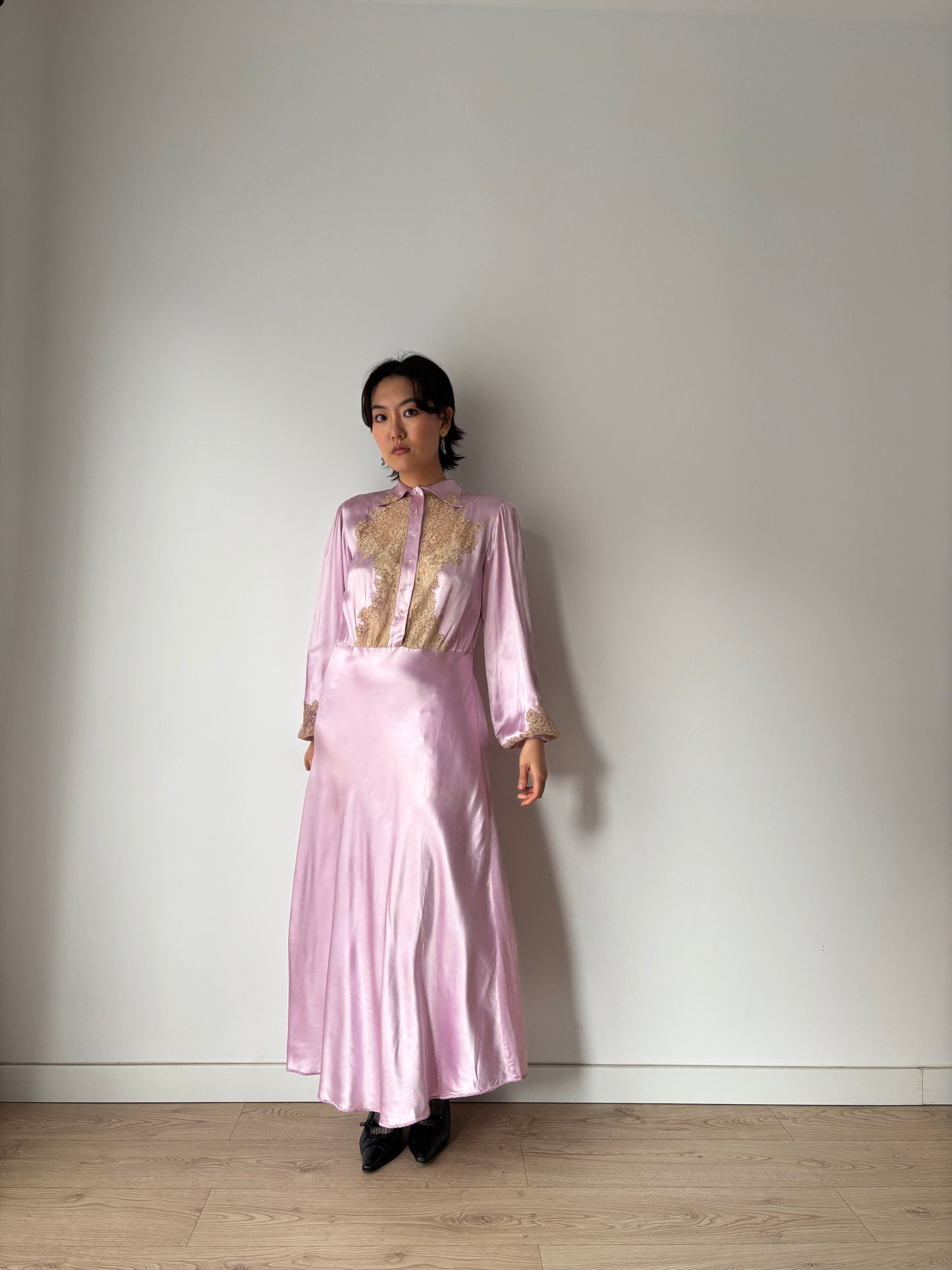 1940s Paris Made Silk Satin Dress in Purple: Bias Cut with French Lace Appliqué