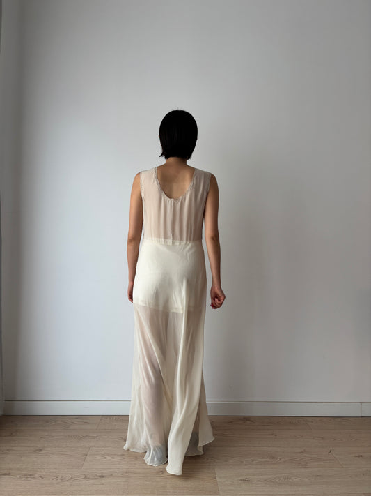 1940s Sheer Ivory Silk Chiffon Lace Embroidery Bias Cut Gown