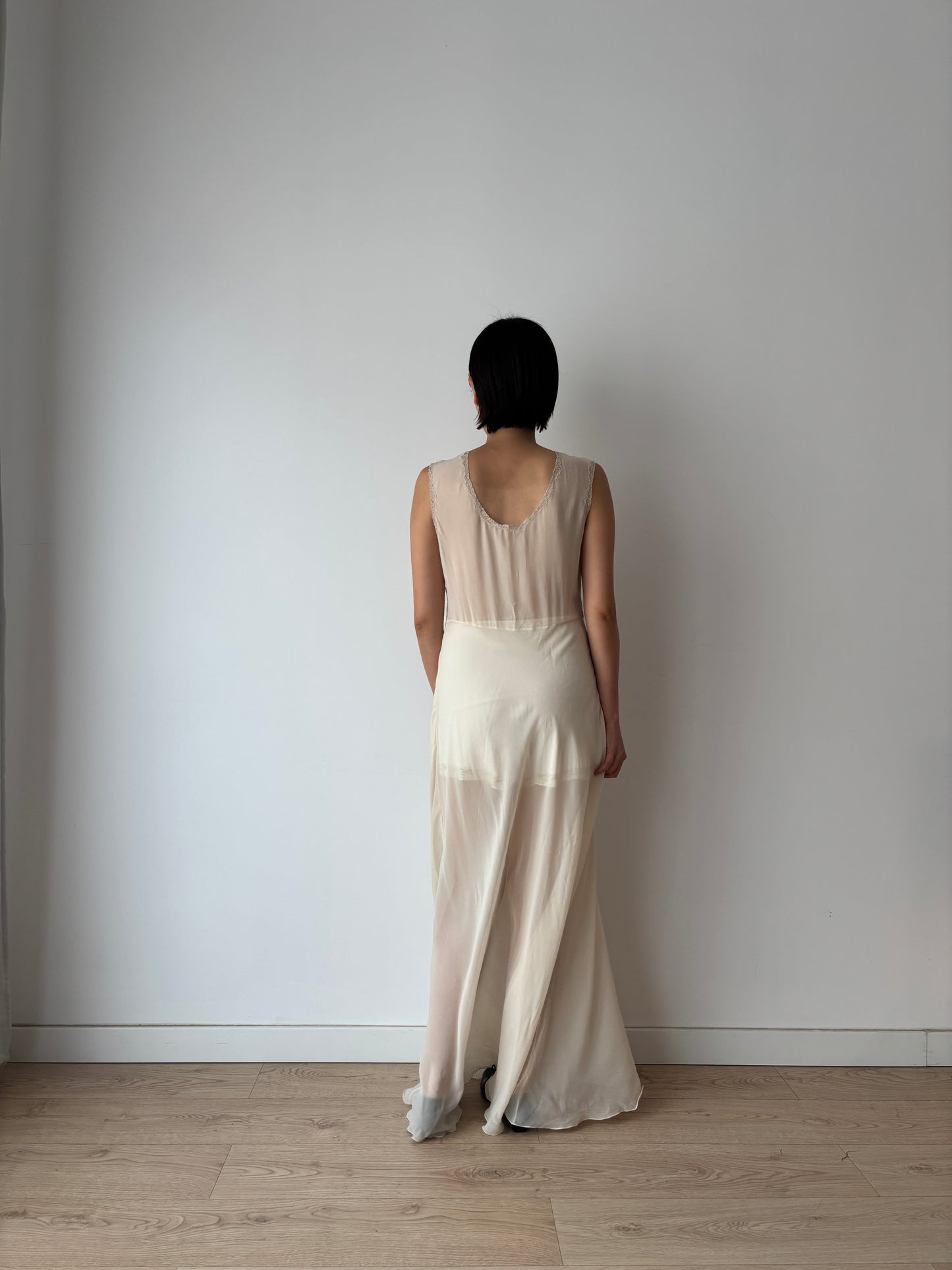 1940s Sheer Ivory Silk Chiffon Lace Embroidery Bias Cut Gown