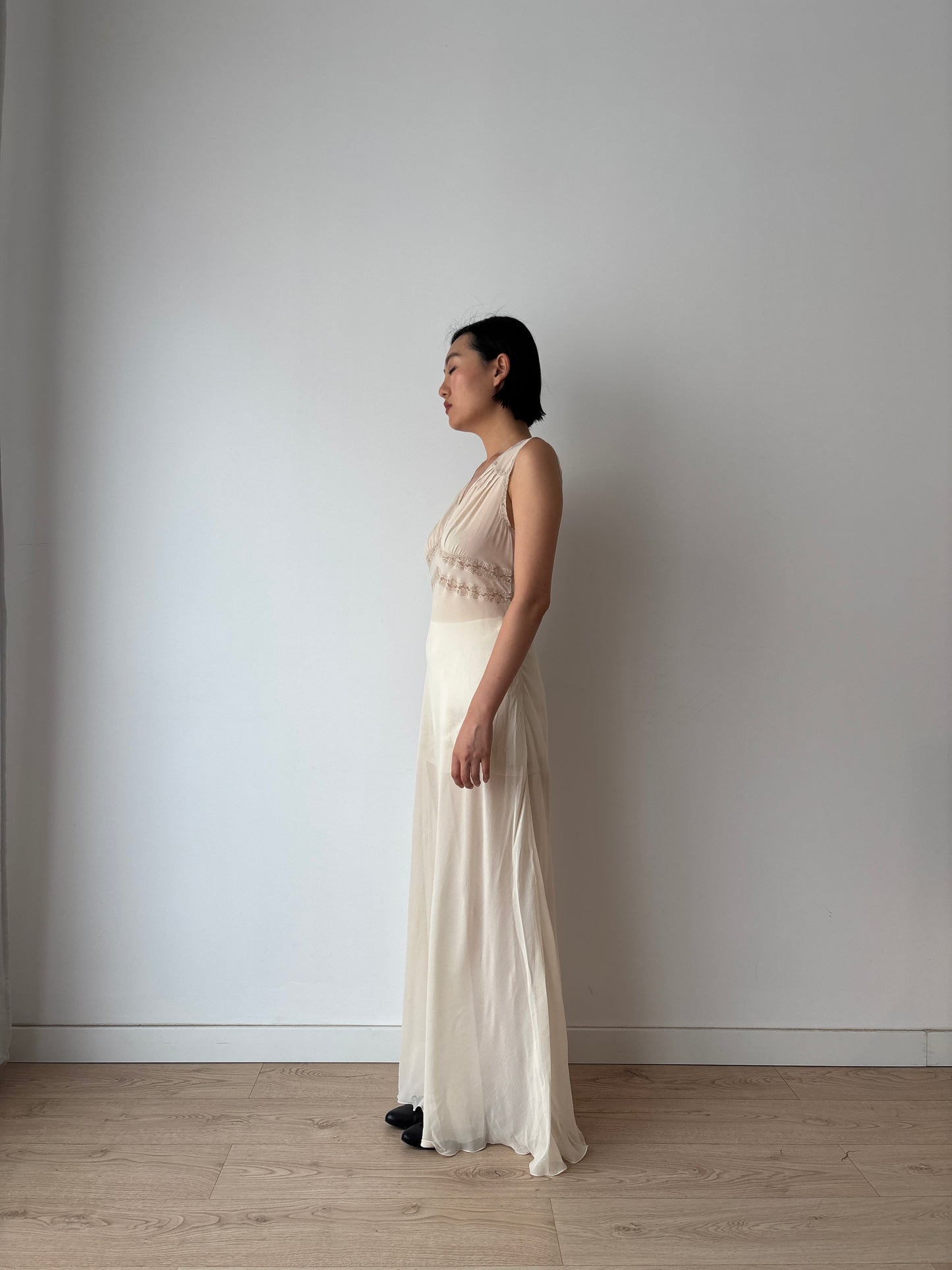 1940s Sheer Ivory Silk Chiffon Lace Embroidery Bias Cut Gown