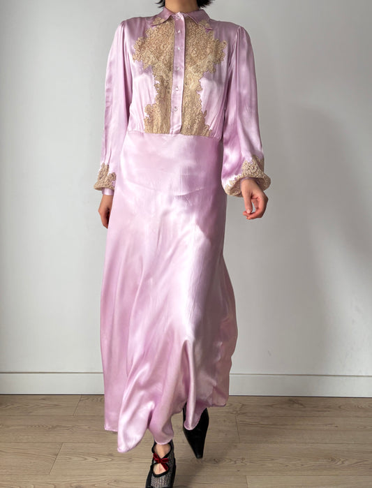 1940s Paris Made Silk Satin Dress in Purple: Bias Cut with French Lace Appliqué