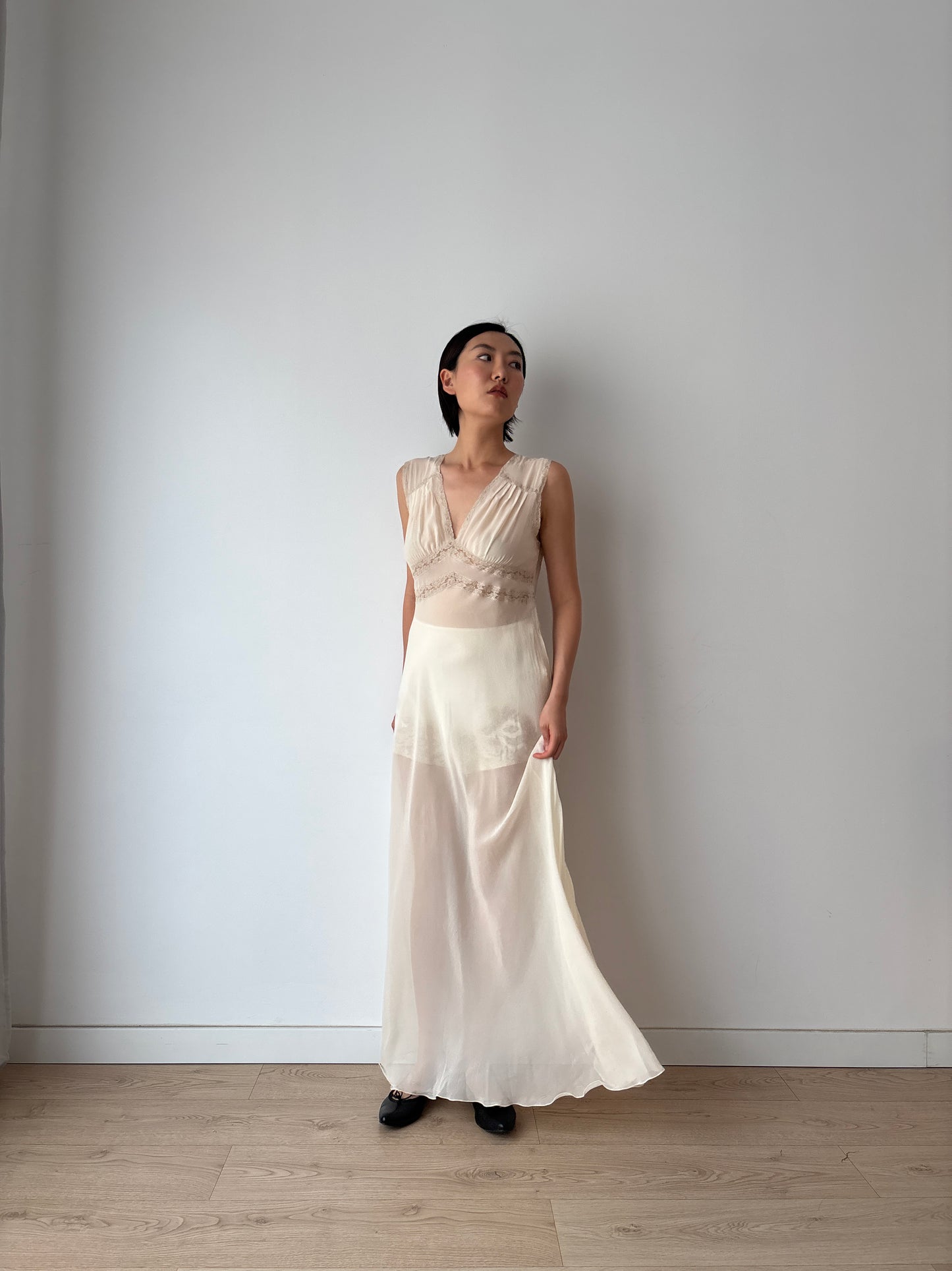 1940s Sheer Ivory Silk Chiffon Lace Embroidery Bias Cut Gown