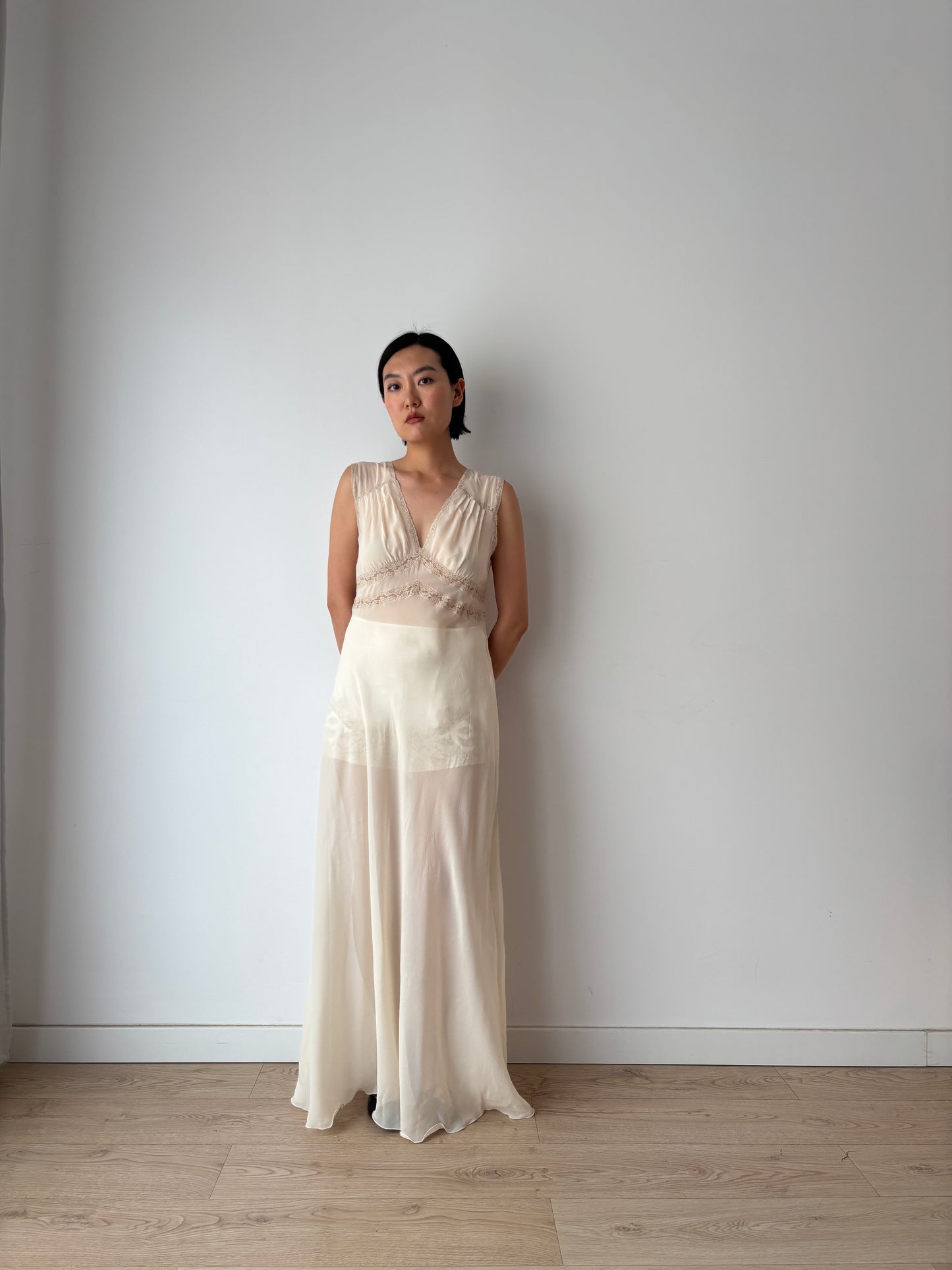 1940s Sheer Ivory Silk Chiffon Lace Embroidery Bias Cut Gown