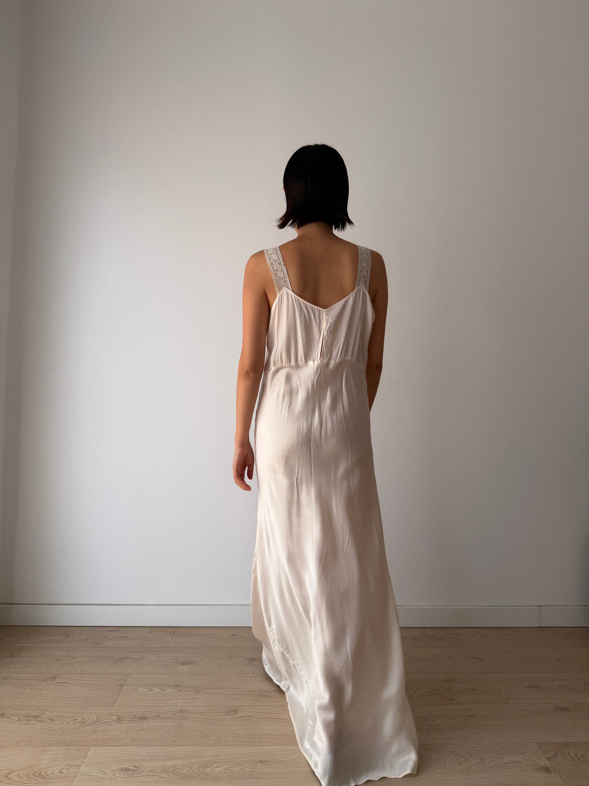 1930s Style Ivory Rayon Satin Bias Cut Dress, Lace V-Neck, Empire Waist Bridal Gown